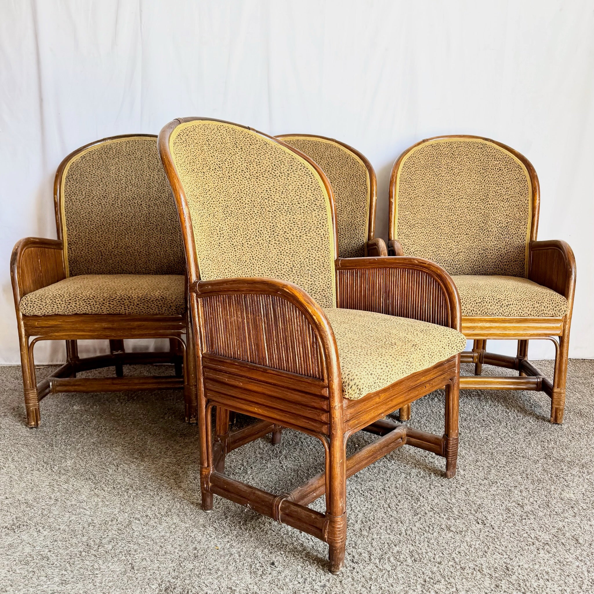 Boho Chic Pencil Reed Back Rattan Leopard Print Dining Arm Chairs - Set of 4