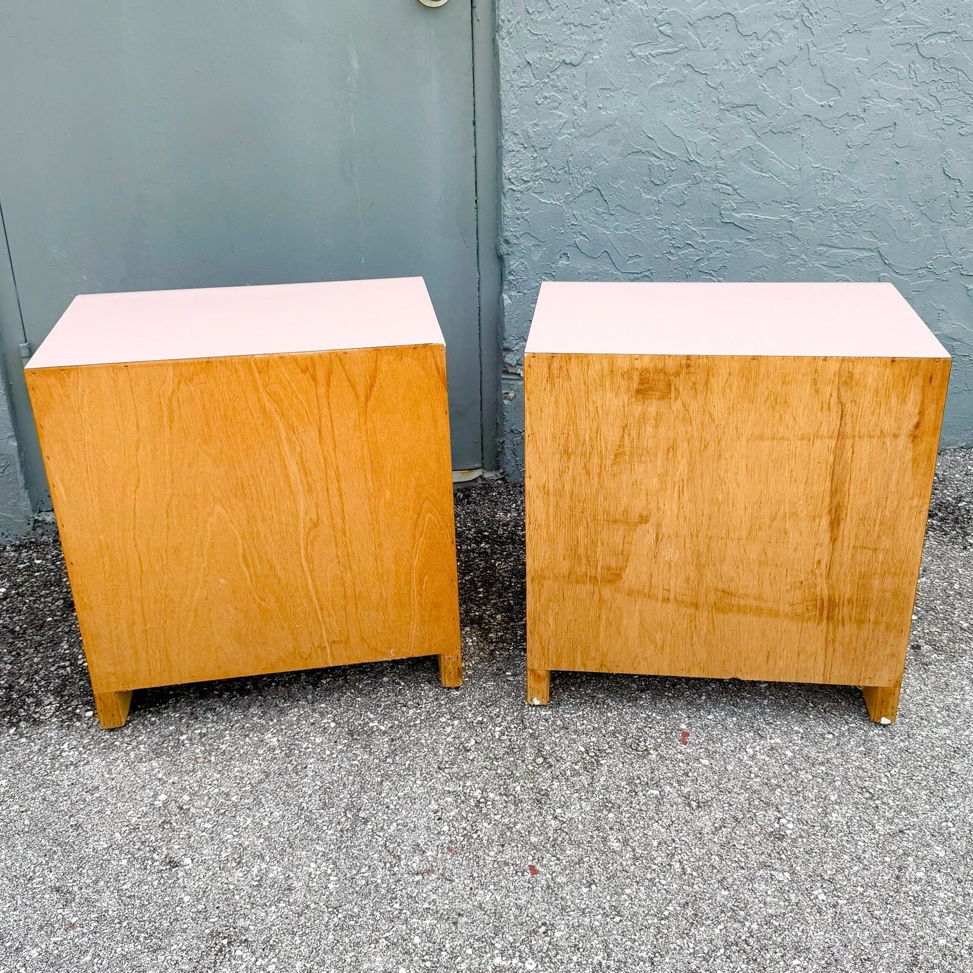 Postmodern Pink Golds Laminate Waterfall Nightstands - A Pair Dolphin & Flamingo