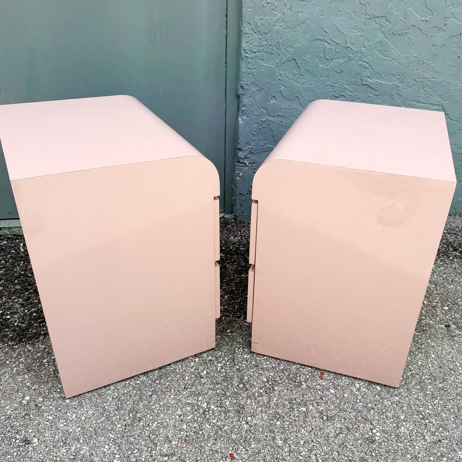 Postmodern Pink Golds Laminate Waterfall Nightstands - A Pair Dolphin & Flamingo