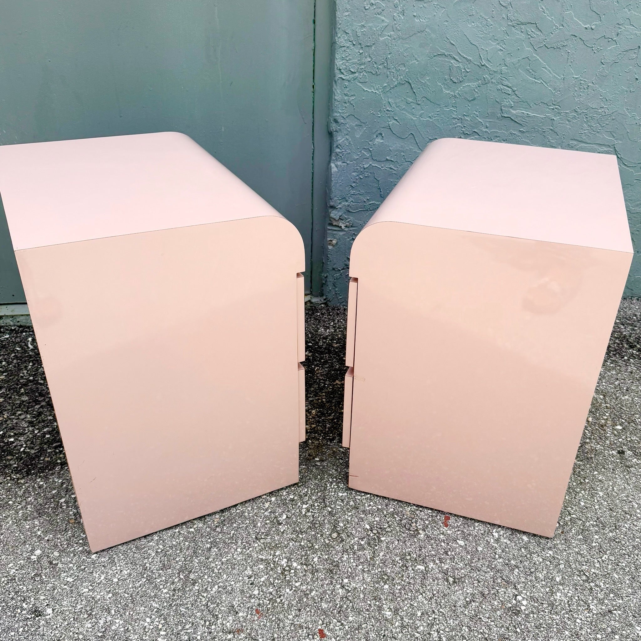 Postmodern Pink Golds Laminate Waterfall Nightstands - A Pair Dolphin & Flamingo