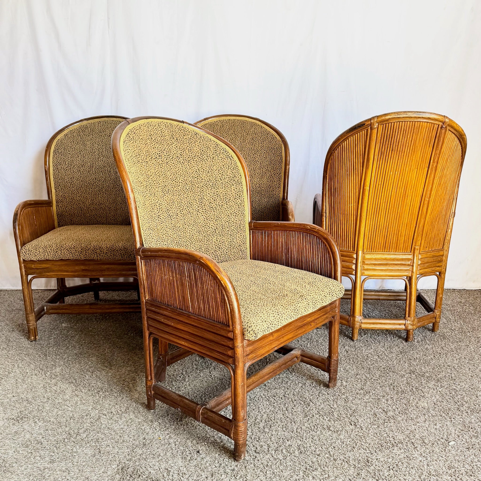 Boho Chic Pencil Reed Back Rattan Leopard Print Dining Arm Chairs - Set of 4