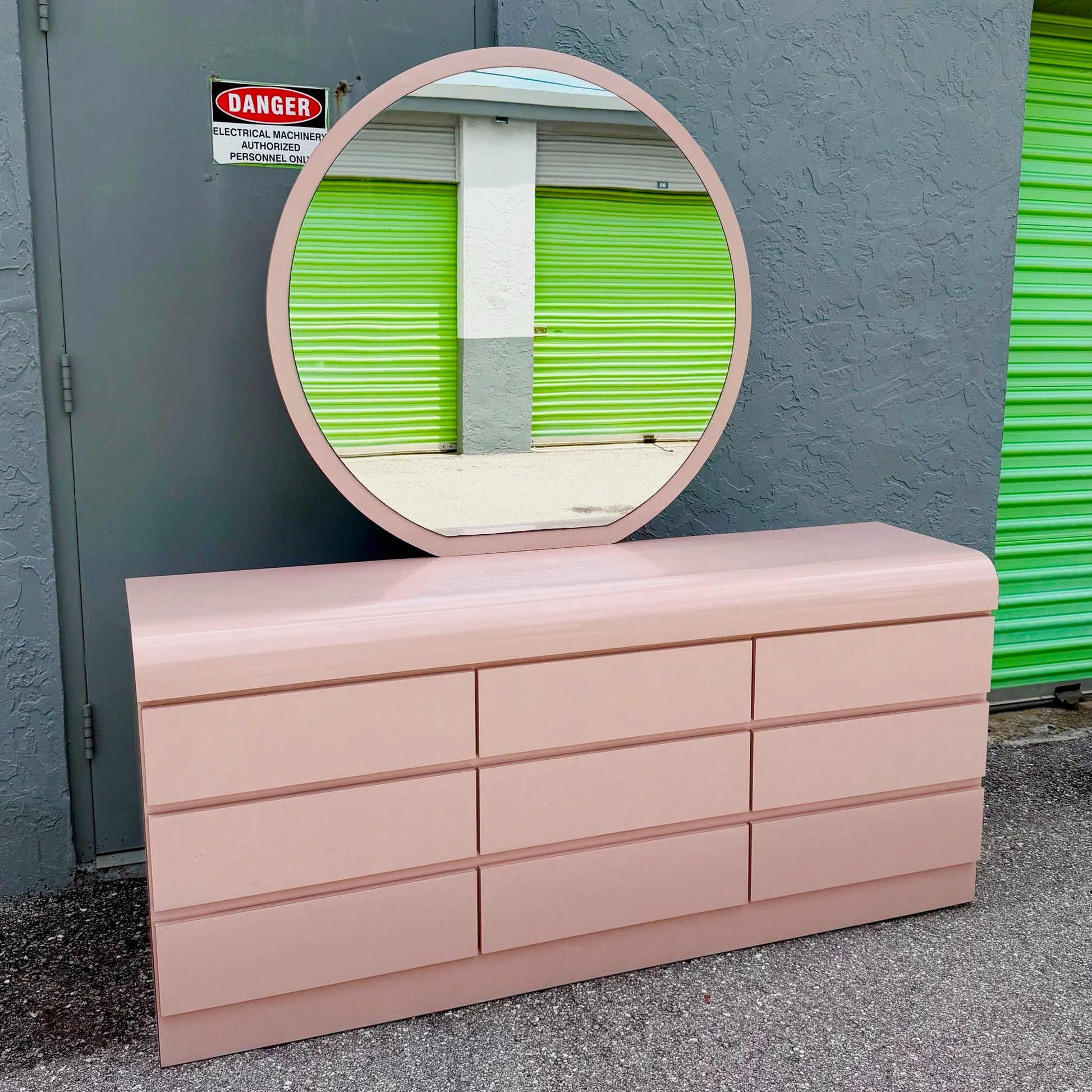 Postmodern Pink Gloss Laminate Waterfall Dresser With Mirror Dolphin & Flamingo