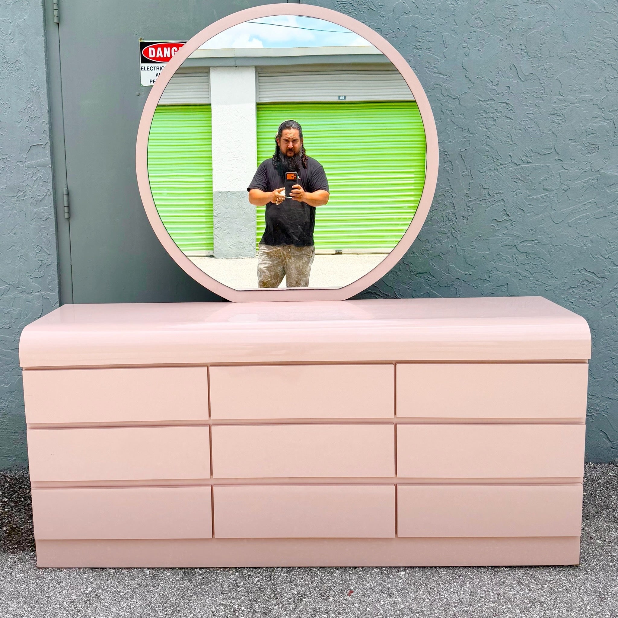 Postmodern Pink Gloss Laminate Waterfall Dresser With Mirror Dolphin & Flamingo