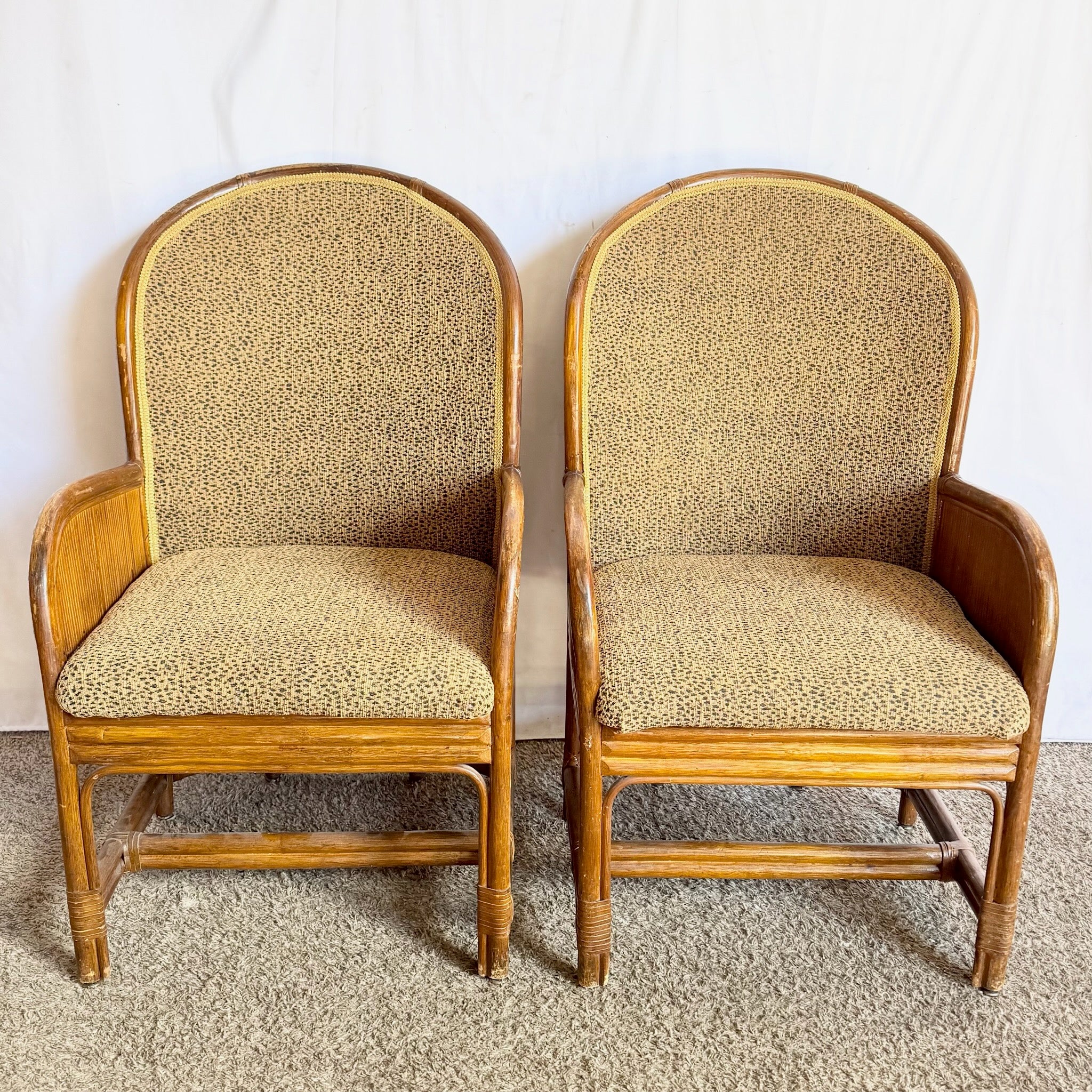 Boho Chic Pencil Reed Back Rattan Leopard Print Dining Arm Chairs - Set of 4