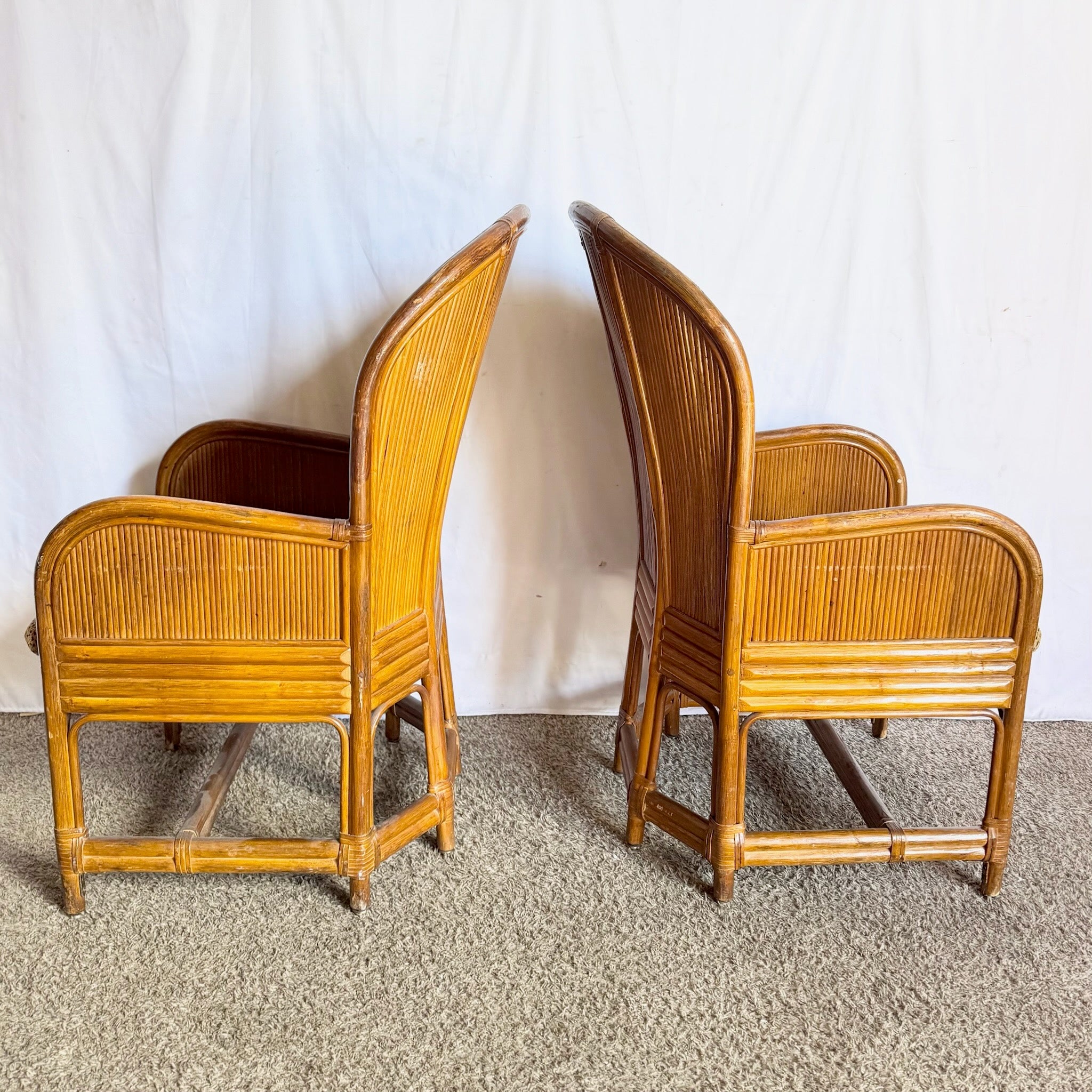 Boho Chic Pencil Reed Back Rattan Leopard Print Dining Arm Chairs - Set of 4