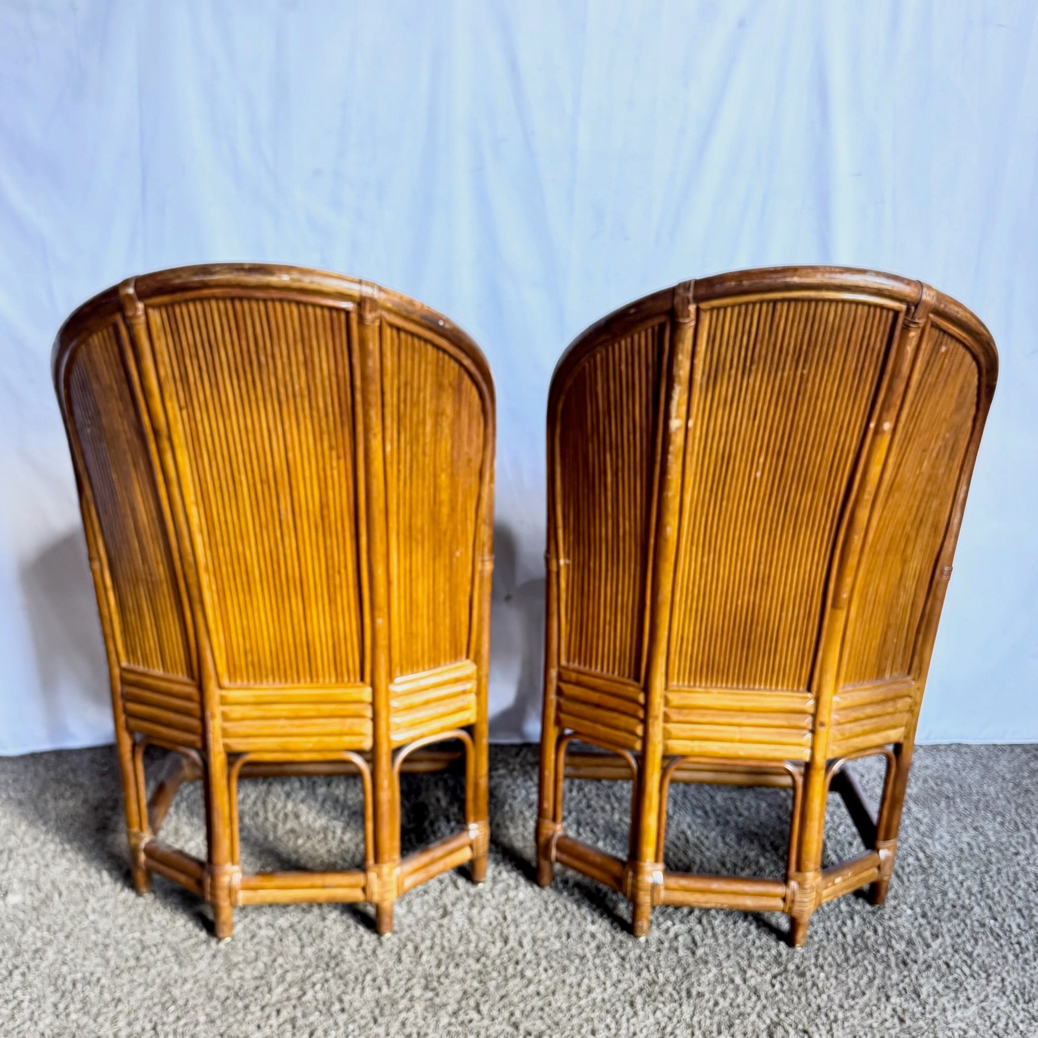 Boho Chic Pencil Reed Back Rattan Leopard Print Dining Arm Chairs - Set of 4