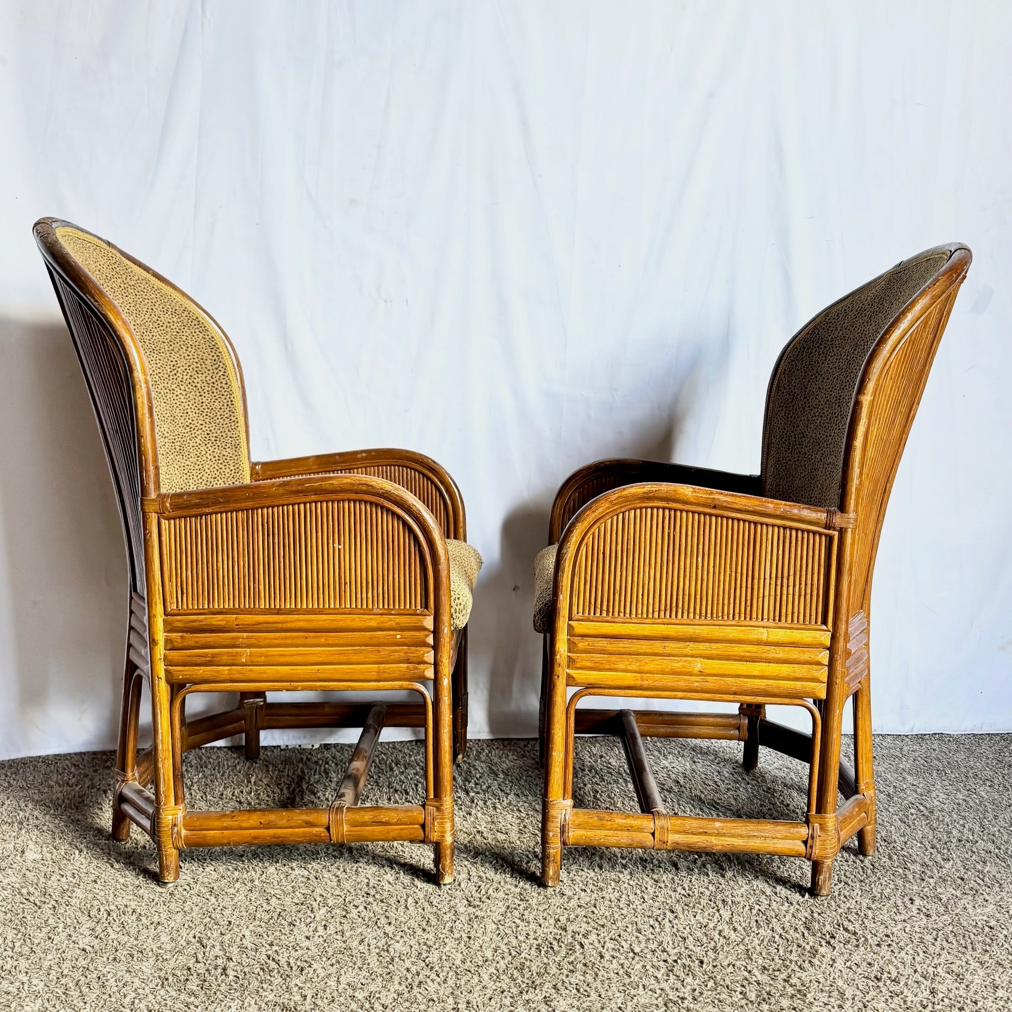 Boho Chic Pencil Reed Back Rattan Leopard Print Dining Arm Chairs - Set of 4