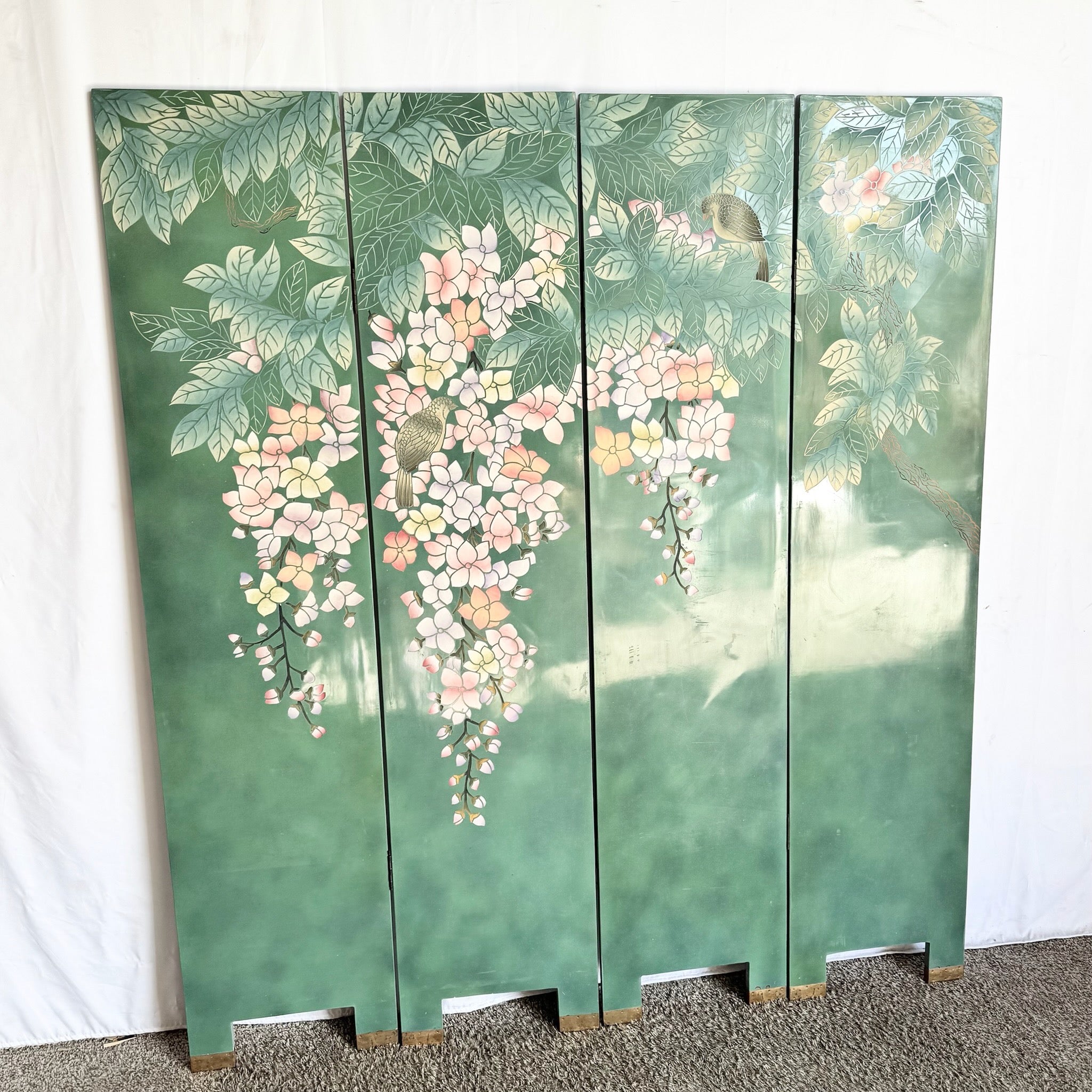 Vintage Chinese Hand Painted and Carved Green Room Divider/Screen