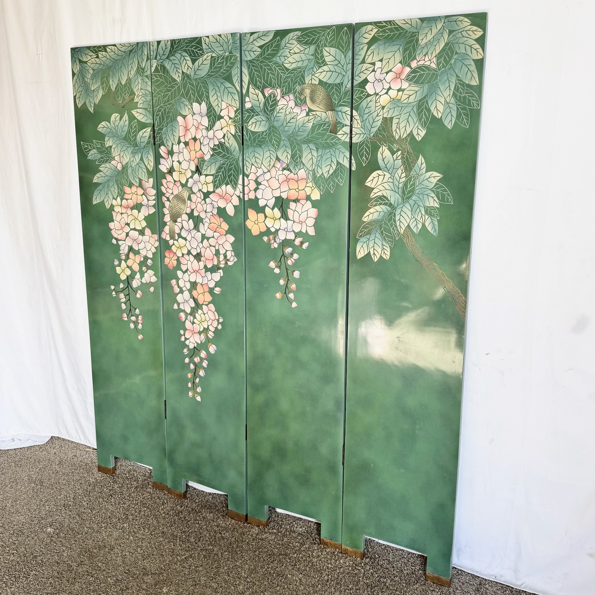 Vintage Chinese Hand Painted and Carved Green Room Divider/Screen