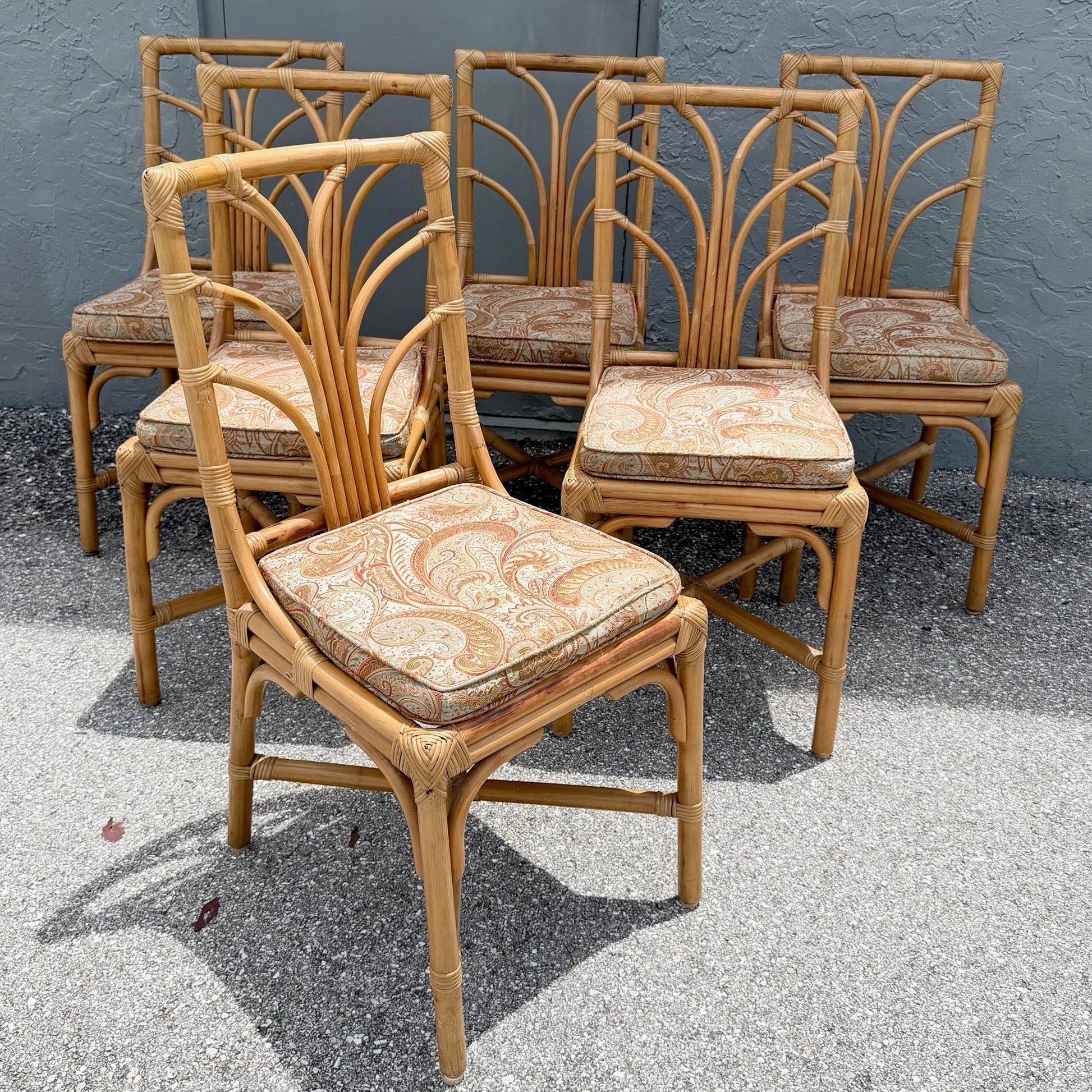 Vintage Boho Chic Rattan Dining Chairs - Set of 6 Dolphin & Flamingo