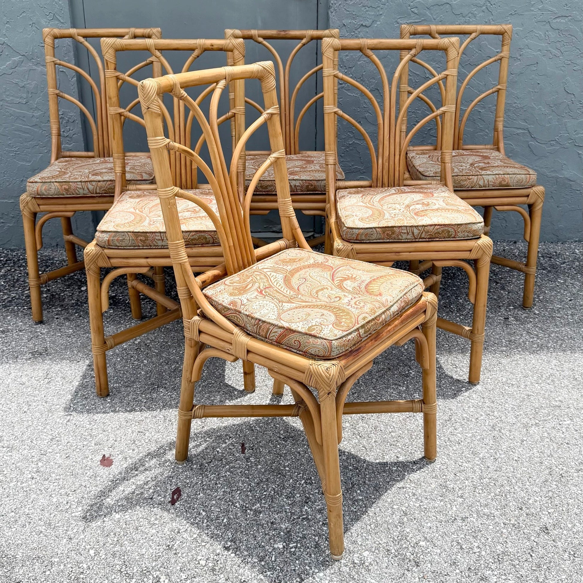 Vintage Boho Chic Rattan Dining Chairs - Set of 6 Dolphin & Flamingo