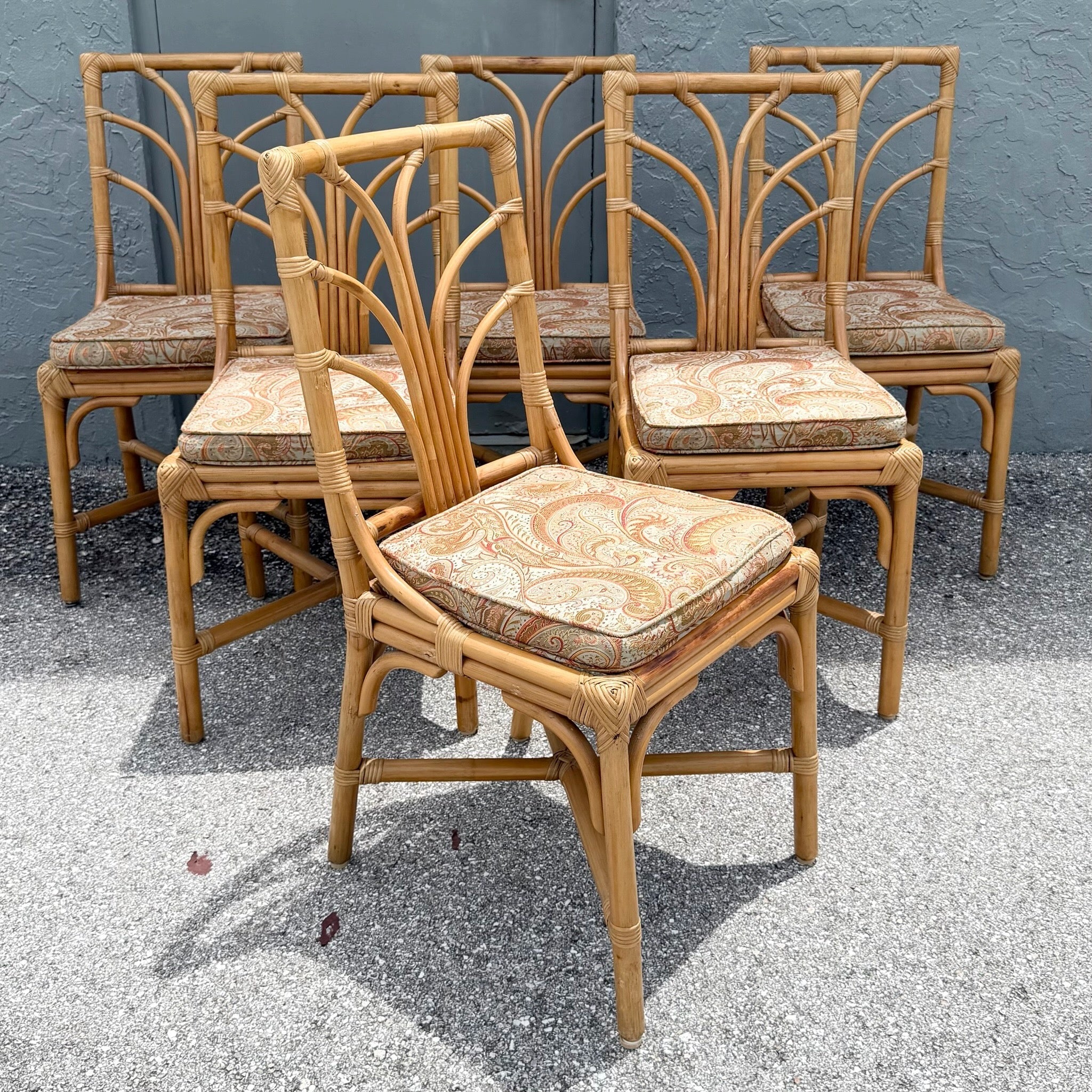 Vintage Boho Chic Rattan Dining Chairs - Set of 6 Dolphin & Flamingo