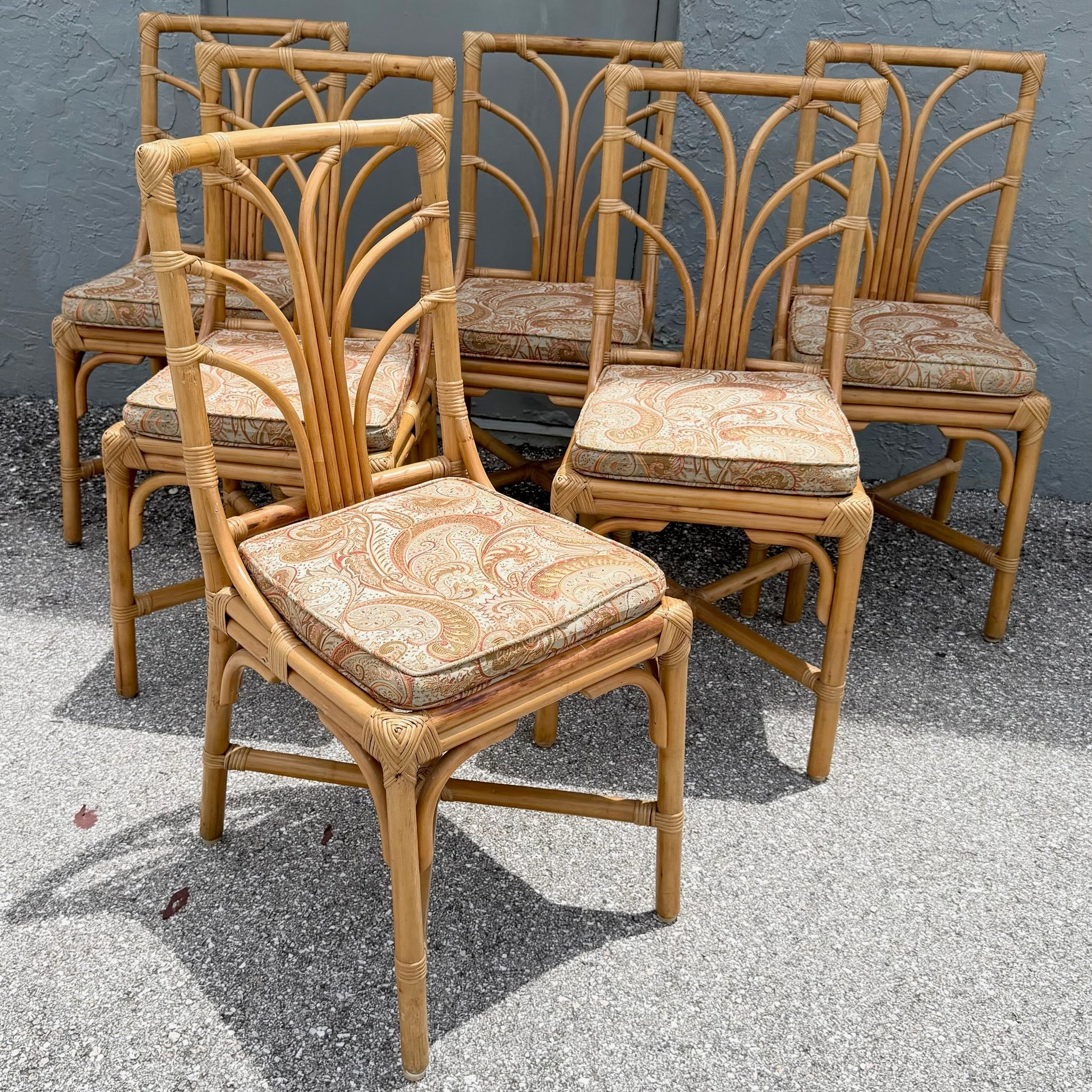 Vintage Boho Chic Rattan Dining Chairs - Set of 6 Dolphin & Flamingo