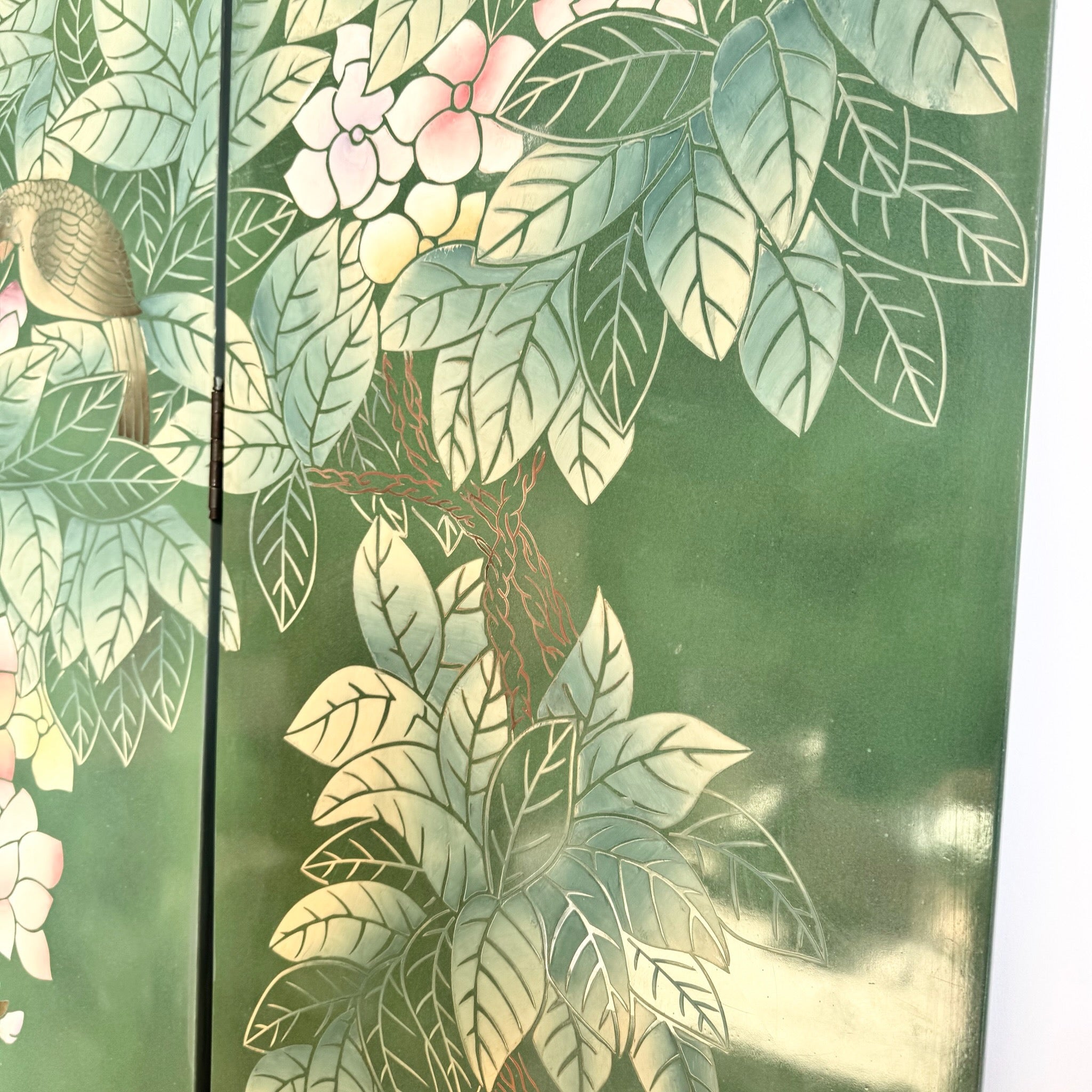 Vintage Chinese Hand Painted and Carved Green Room Divider/Screen