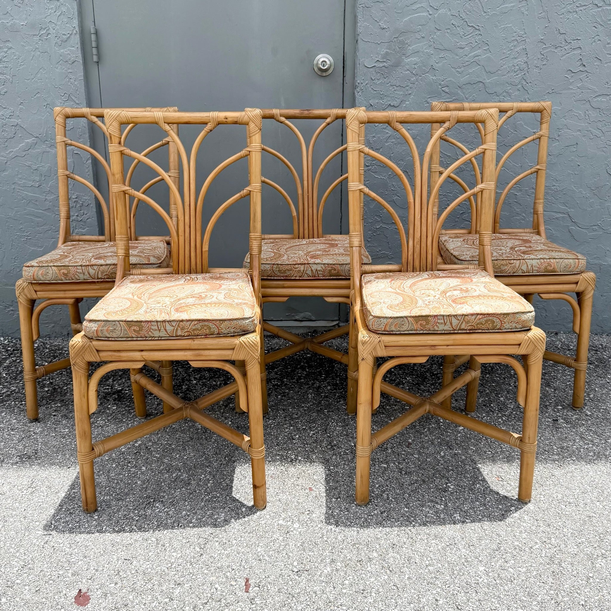 Vintage Boho Chic Rattan Dining Chairs - Set of 6 Dolphin & Flamingo
