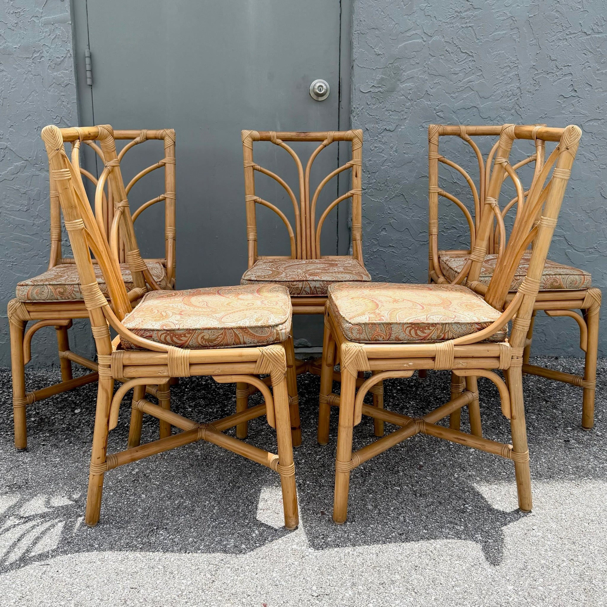 Vintage Boho Chic Rattan Dining Chairs - Set of 6 Dolphin & Flamingo