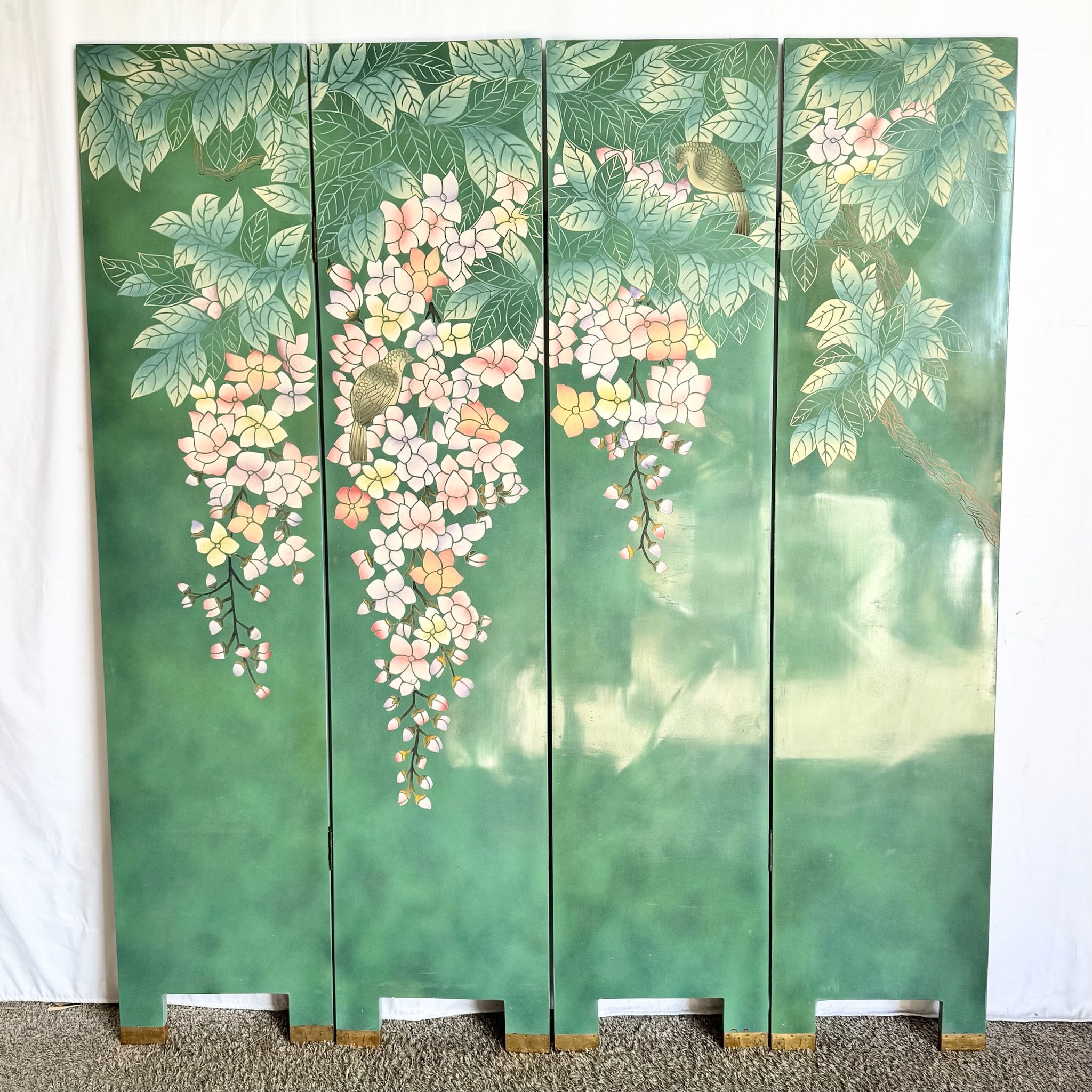 Vintage Chinese Hand Painted and Carved Green Room Divider/Screen