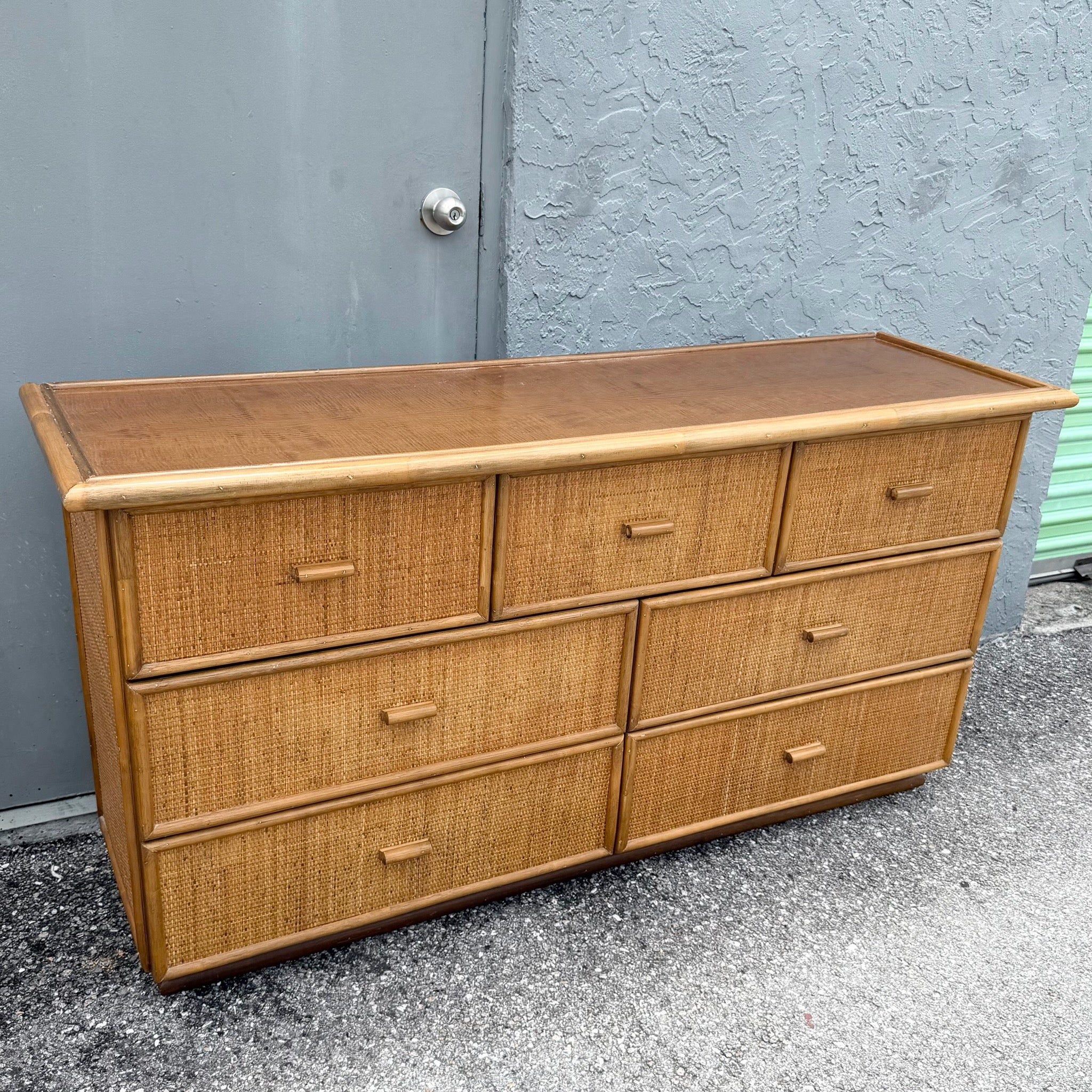 Vintage Boho Chic Rattan and Wicker Dresser - 7 Drawers Dolphin & Flamingo