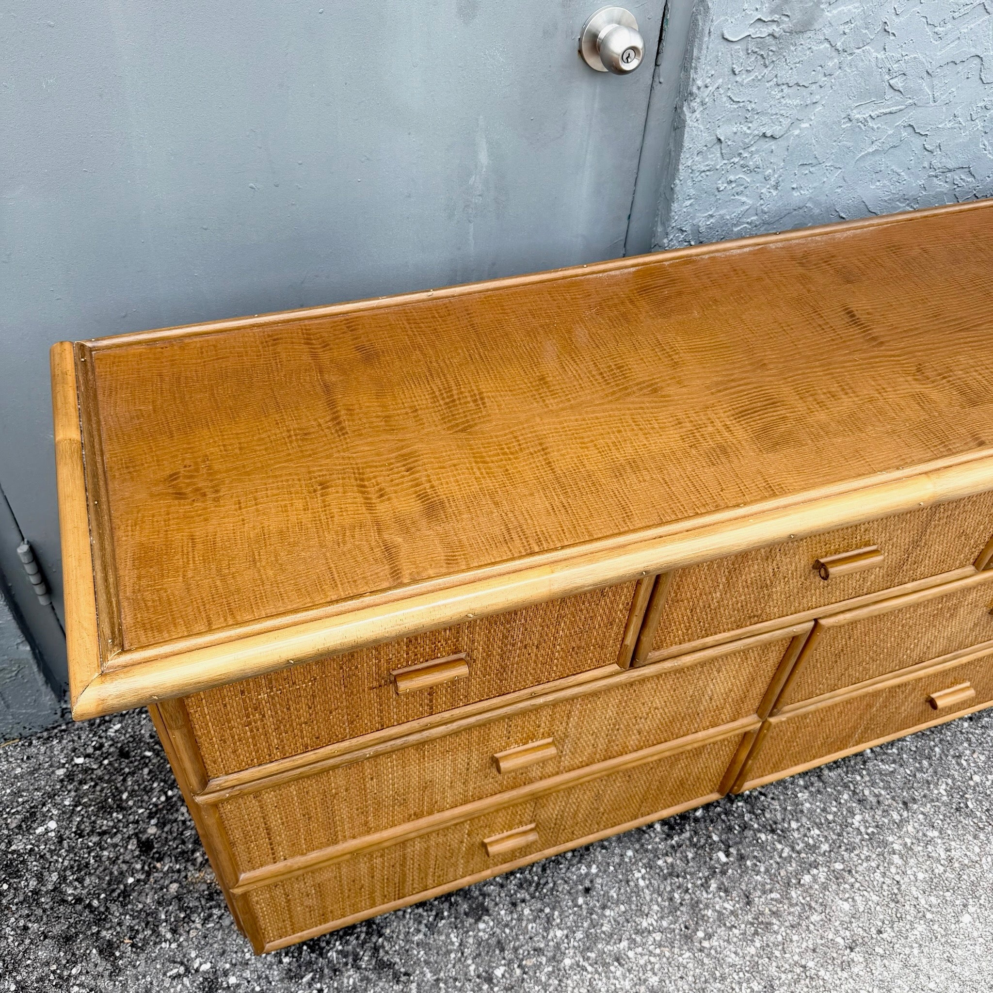 Vintage Boho Chic Rattan and Wicker Dresser - 7 Drawers Dolphin & Flamingo