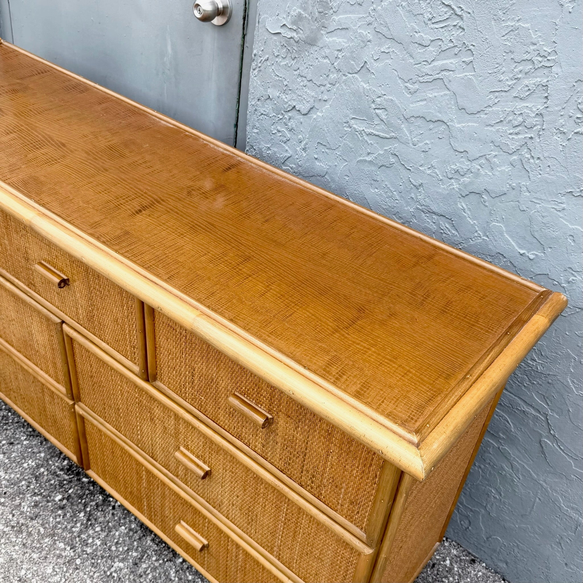 Vintage Boho Chic Rattan and Wicker Dresser - 7 Drawers Dolphin & Flamingo