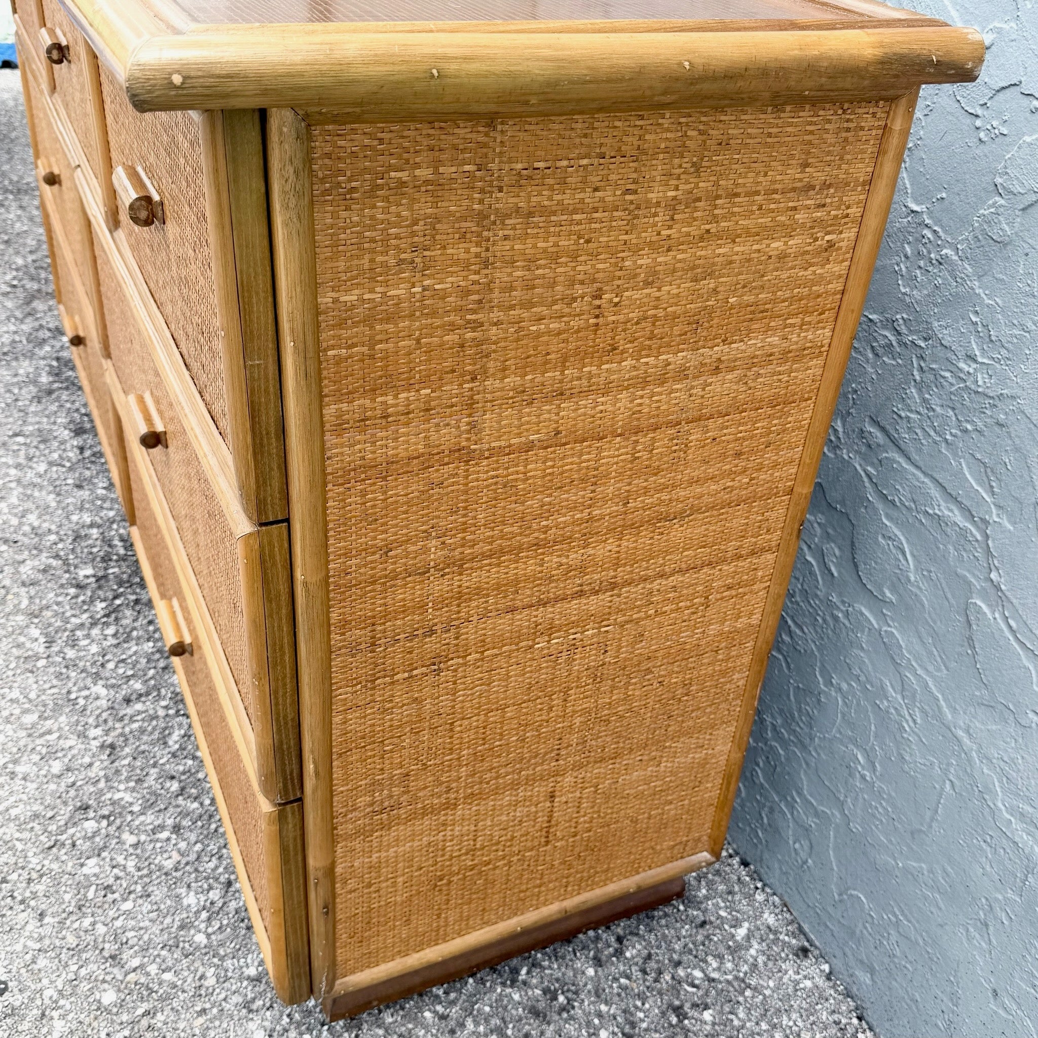 Vintage Boho Chic Rattan and Wicker Dresser - 7 Drawers Dolphin & Flamingo