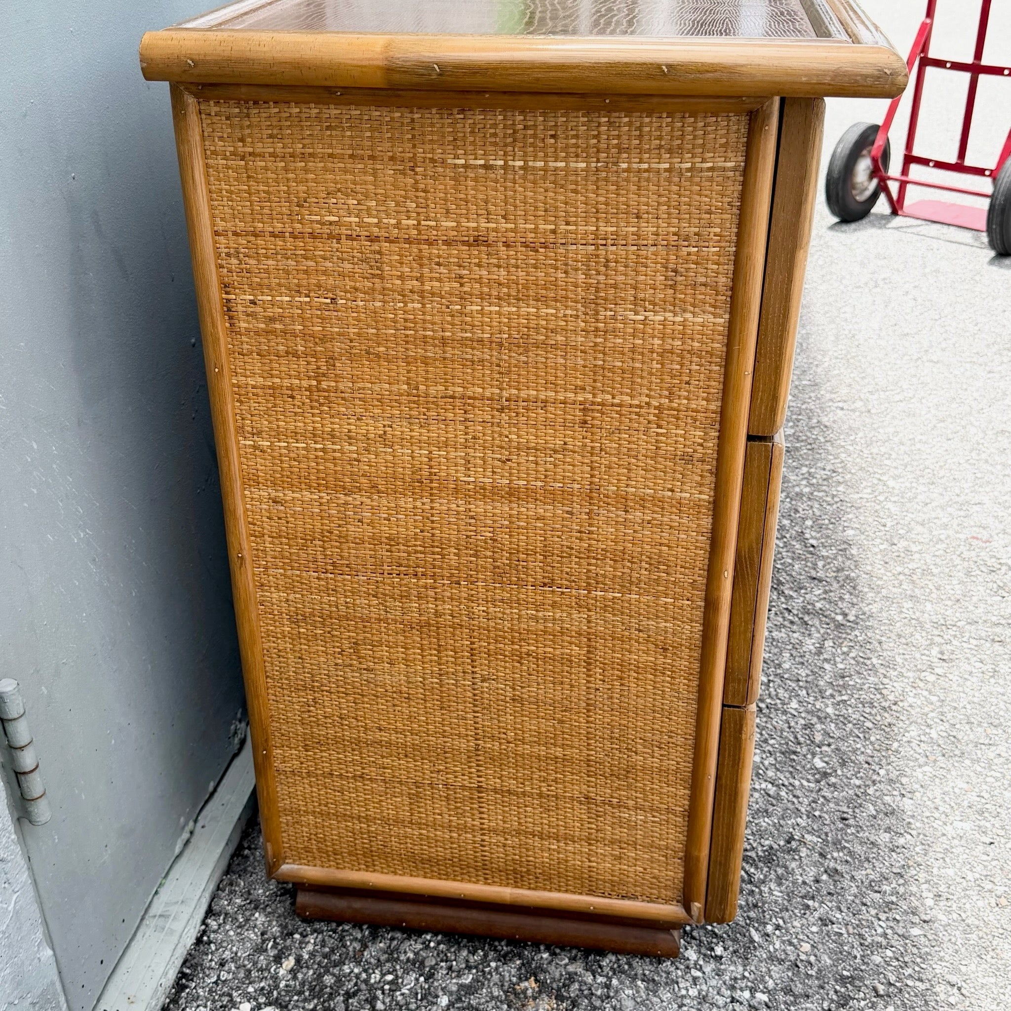 Vintage Boho Chic Rattan and Wicker Dresser - 7 Drawers Dolphin & Flamingo