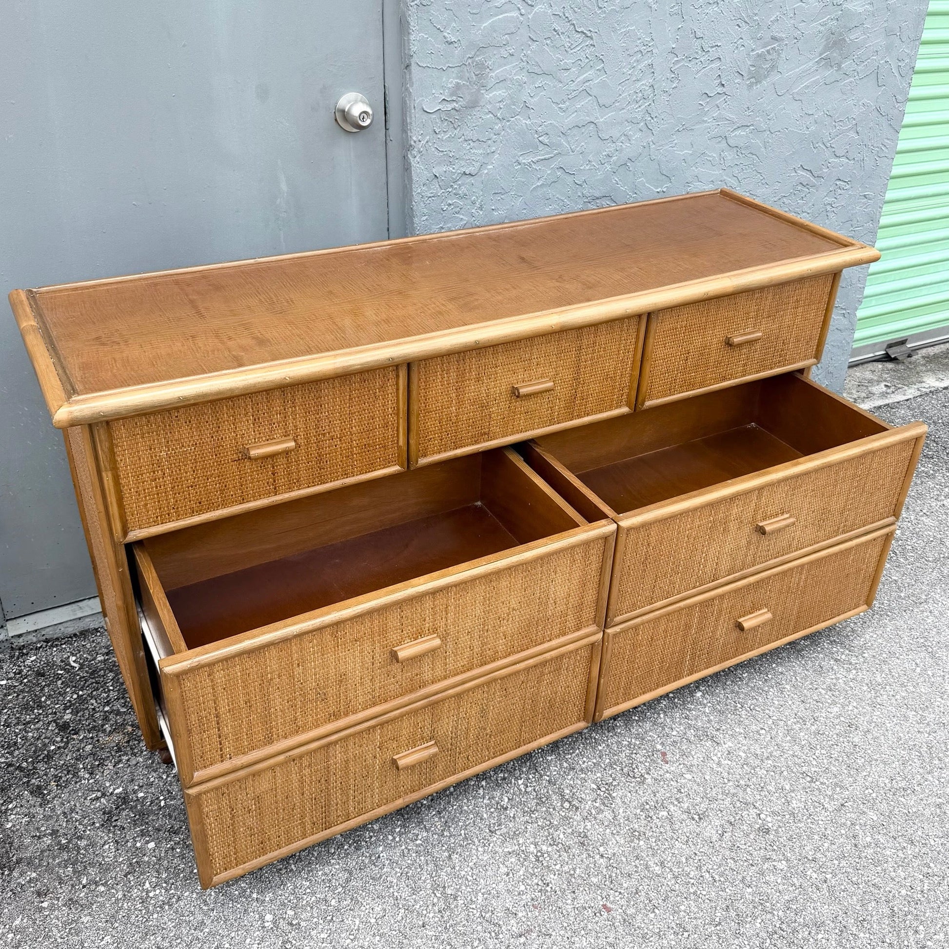 Vintage Boho Chic Rattan and Wicker Dresser - 7 Drawers Dolphin & Flamingo