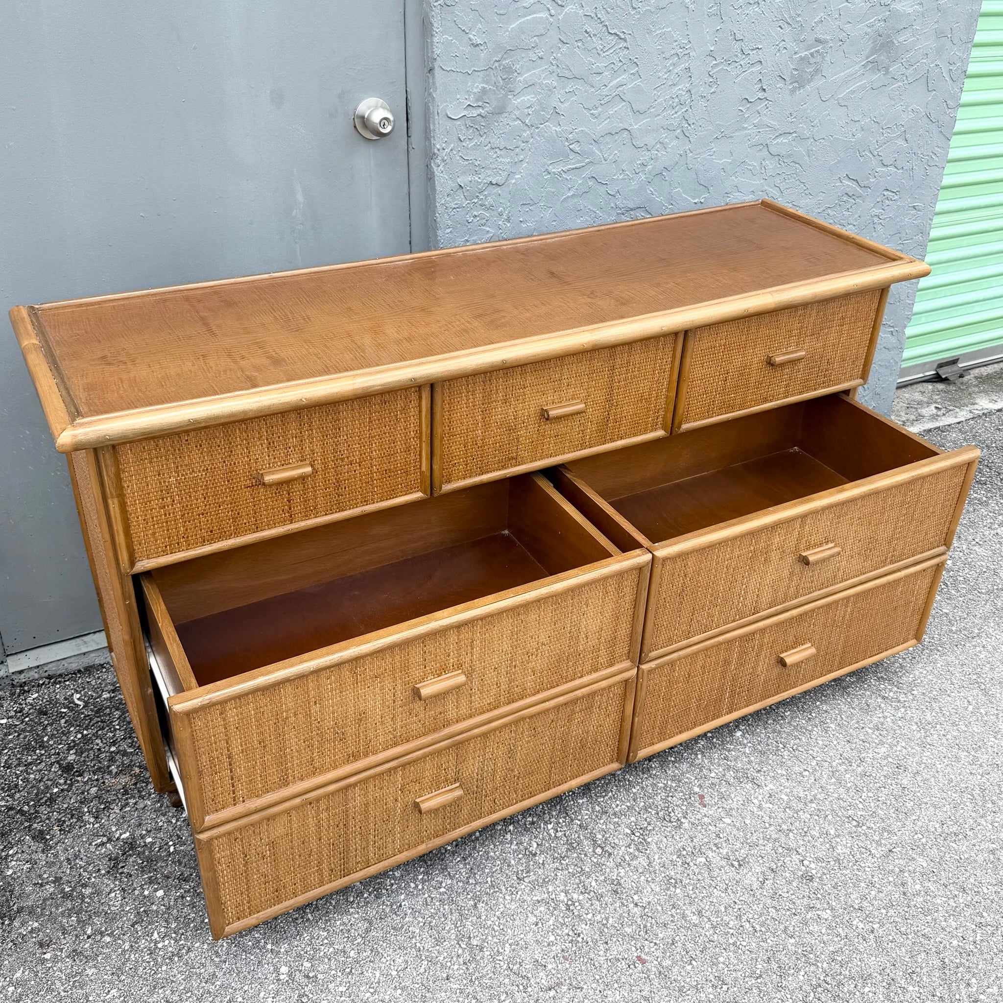 Vintage Boho Chic Rattan and Wicker Dresser - 7 Drawers Dolphin & Flamingo