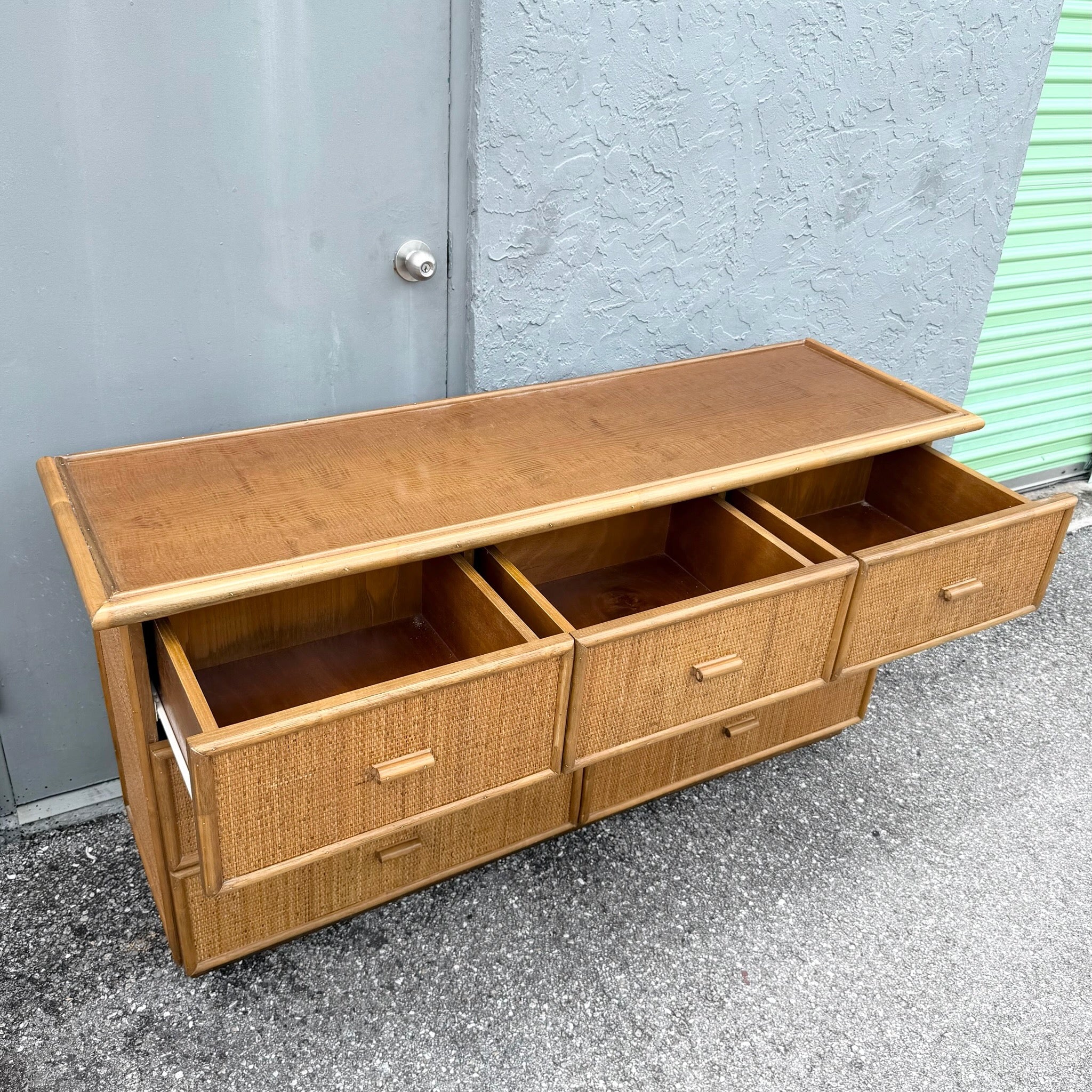 Vintage Boho Chic Rattan and Wicker Dresser - 7 Drawers Dolphin & Flamingo