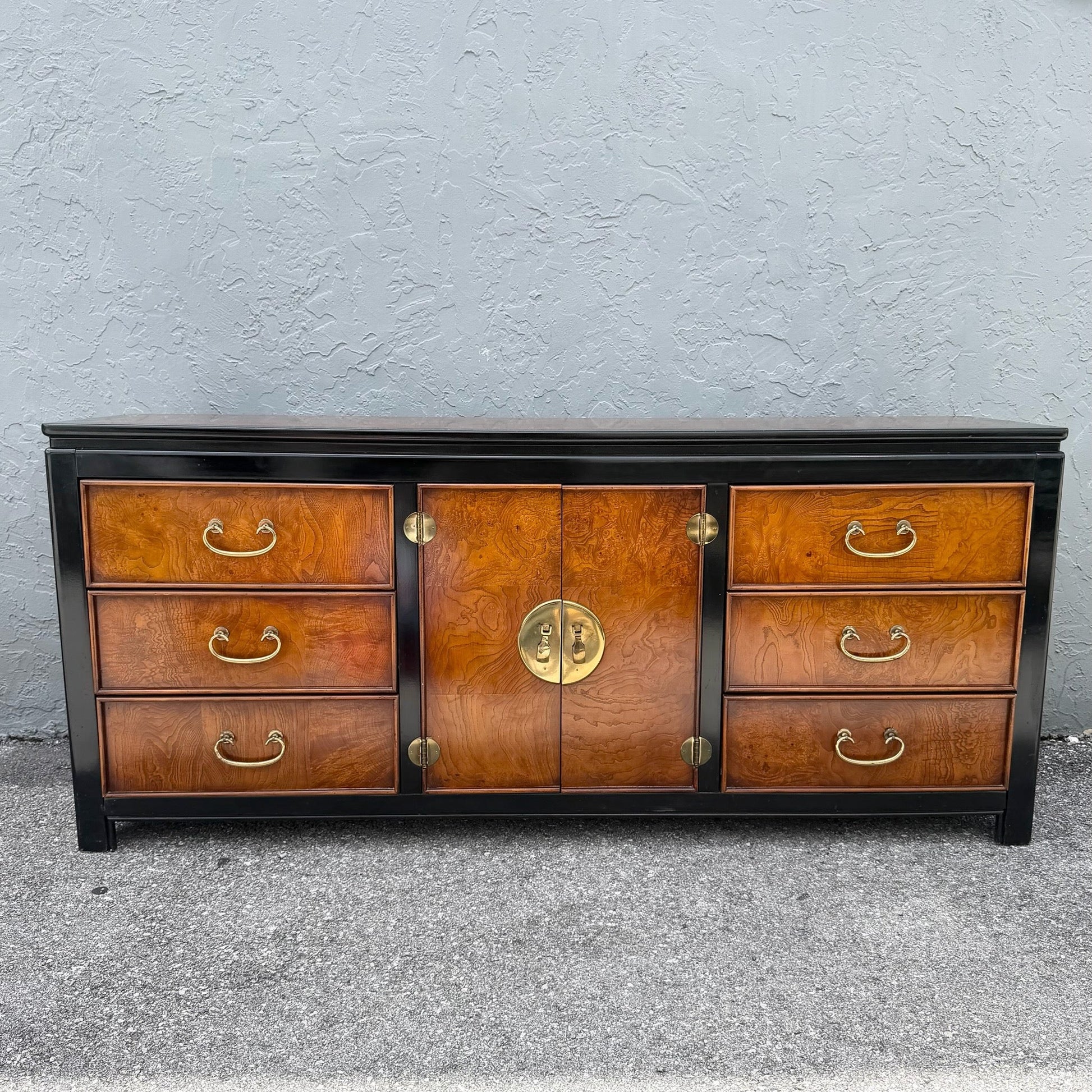 Vintage Chinoiserie Burlwood and Black Dresser by Wayside Dolphin & Flamingo