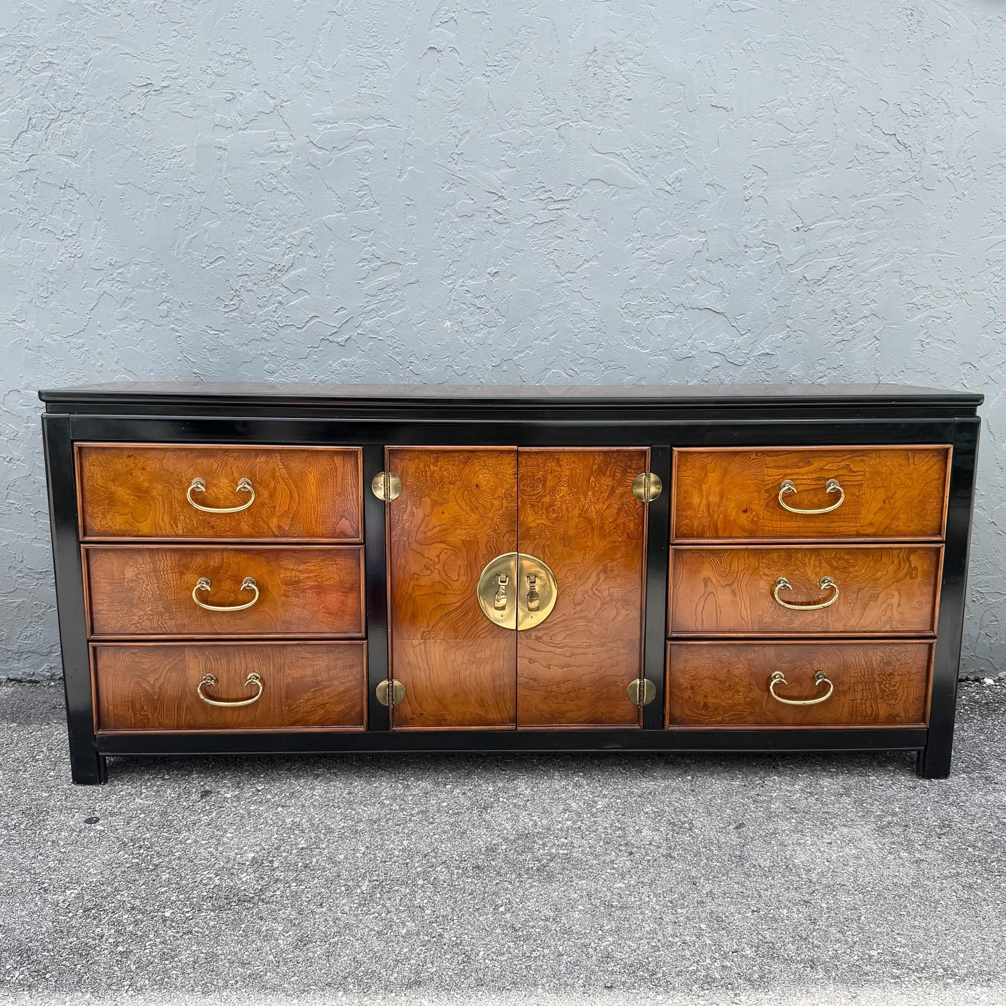 Vintage Chinoiserie Burlwood and Black Dresser by Wayside Dolphin & Flamingo