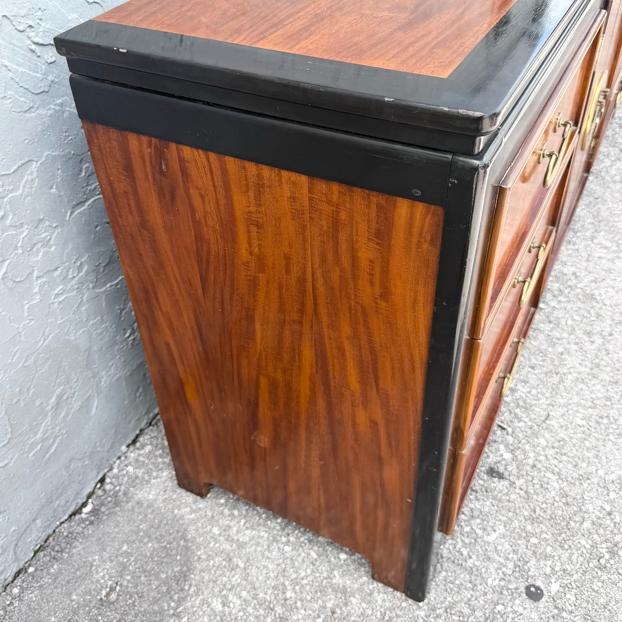 Vintage Chinoiserie Burlwood and Black Dresser by Wayside Dolphin & Flamingo