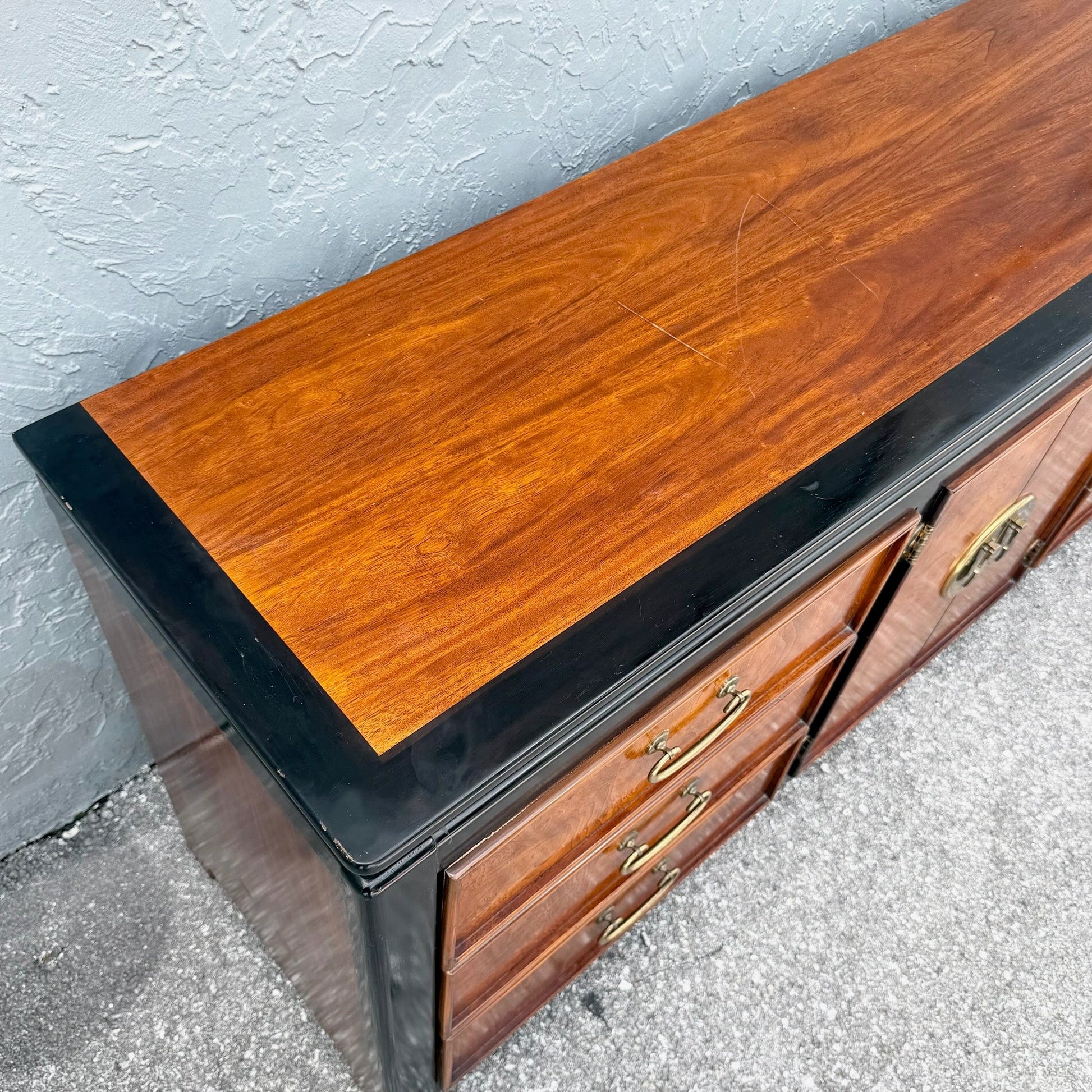 Vintage Chinoiserie Burlwood and Black Dresser by Wayside Dolphin & Flamingo