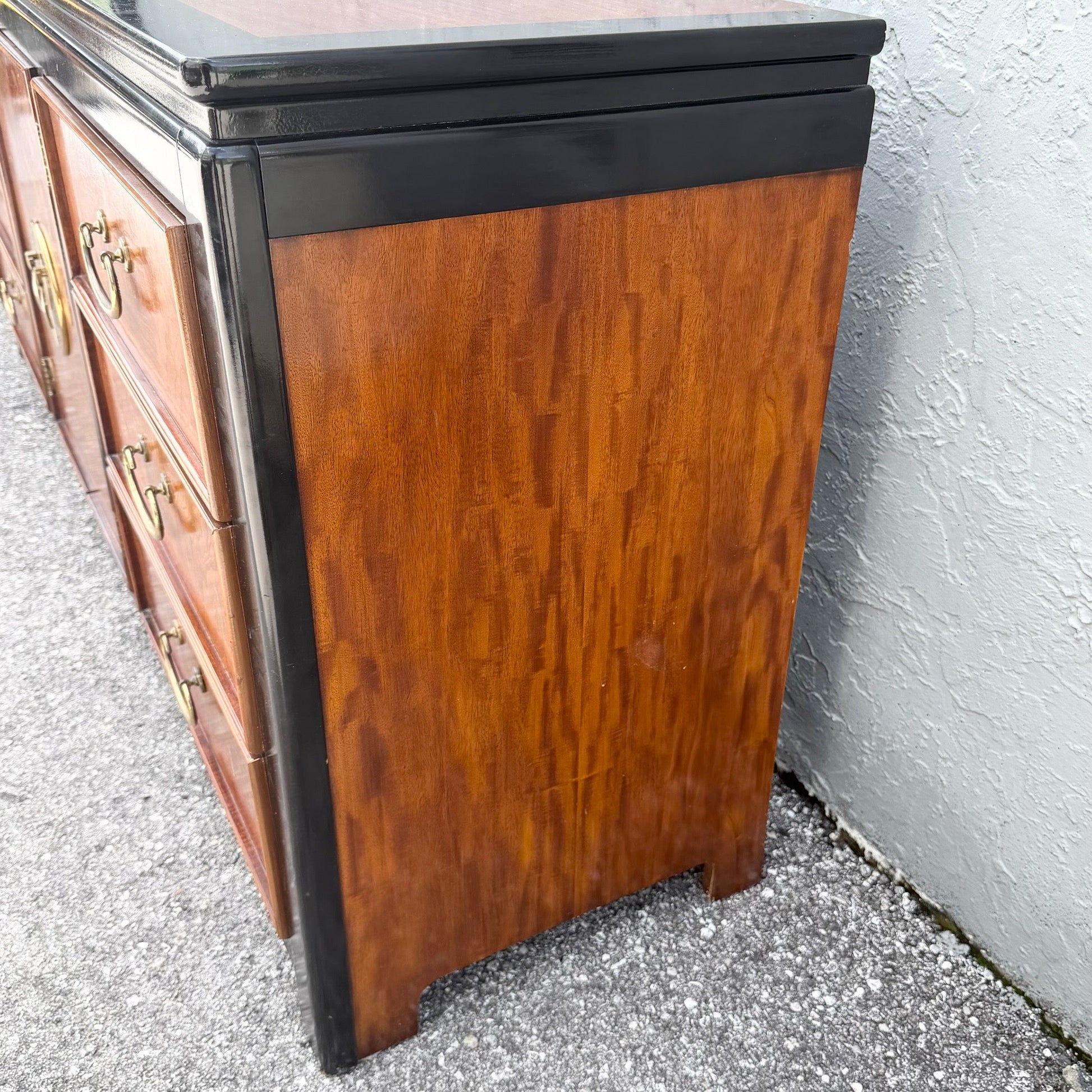 Vintage Chinoiserie Burlwood and Black Dresser by Wayside Dolphin & Flamingo