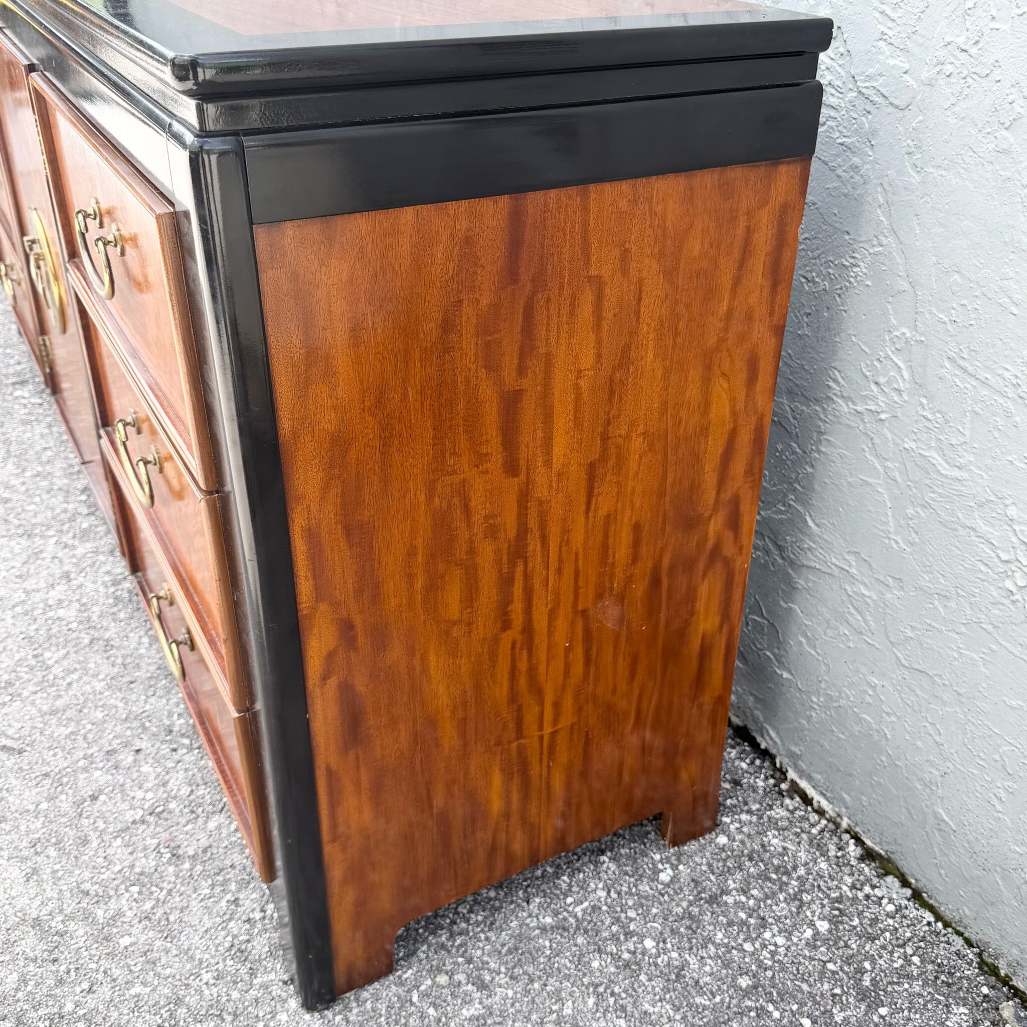 Vintage Chinoiserie Burlwood and Black Dresser by Wayside Dolphin & Flamingo