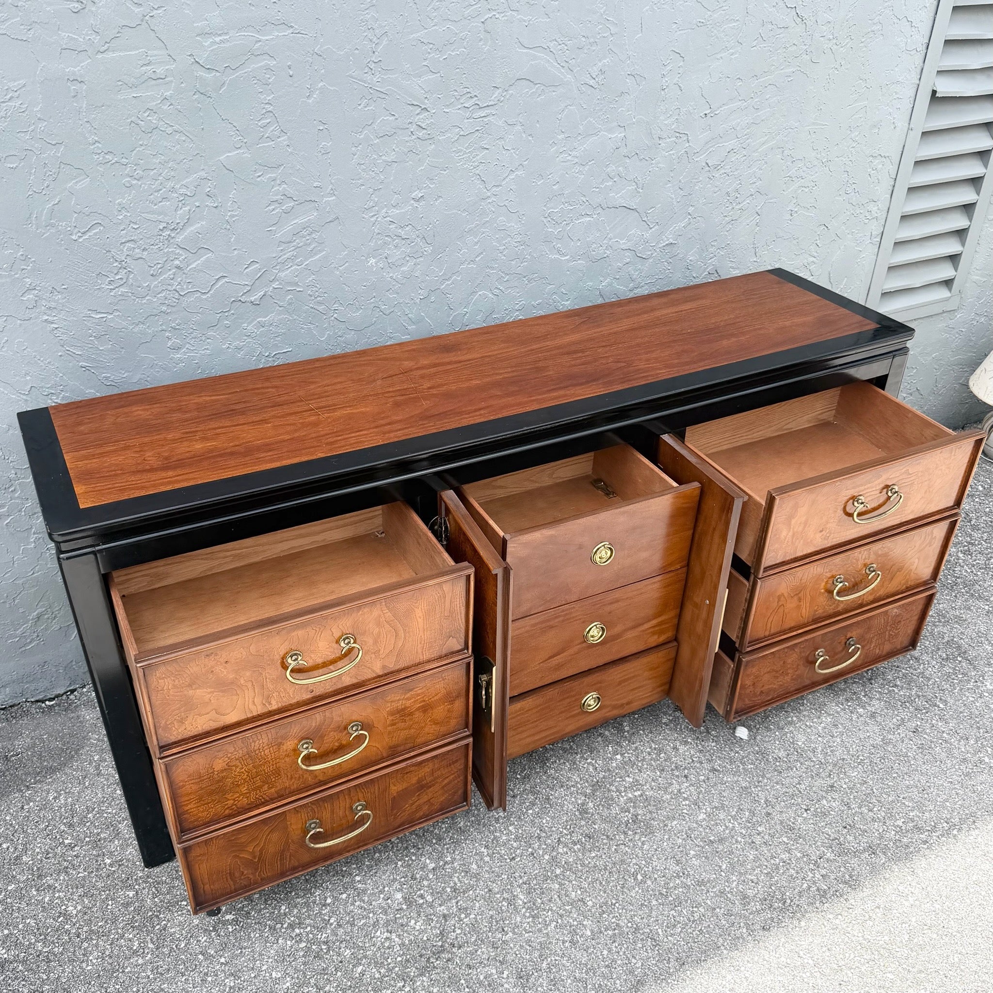 Vintage Chinoiserie Burlwood and Black Dresser by Wayside Dolphin & Flamingo