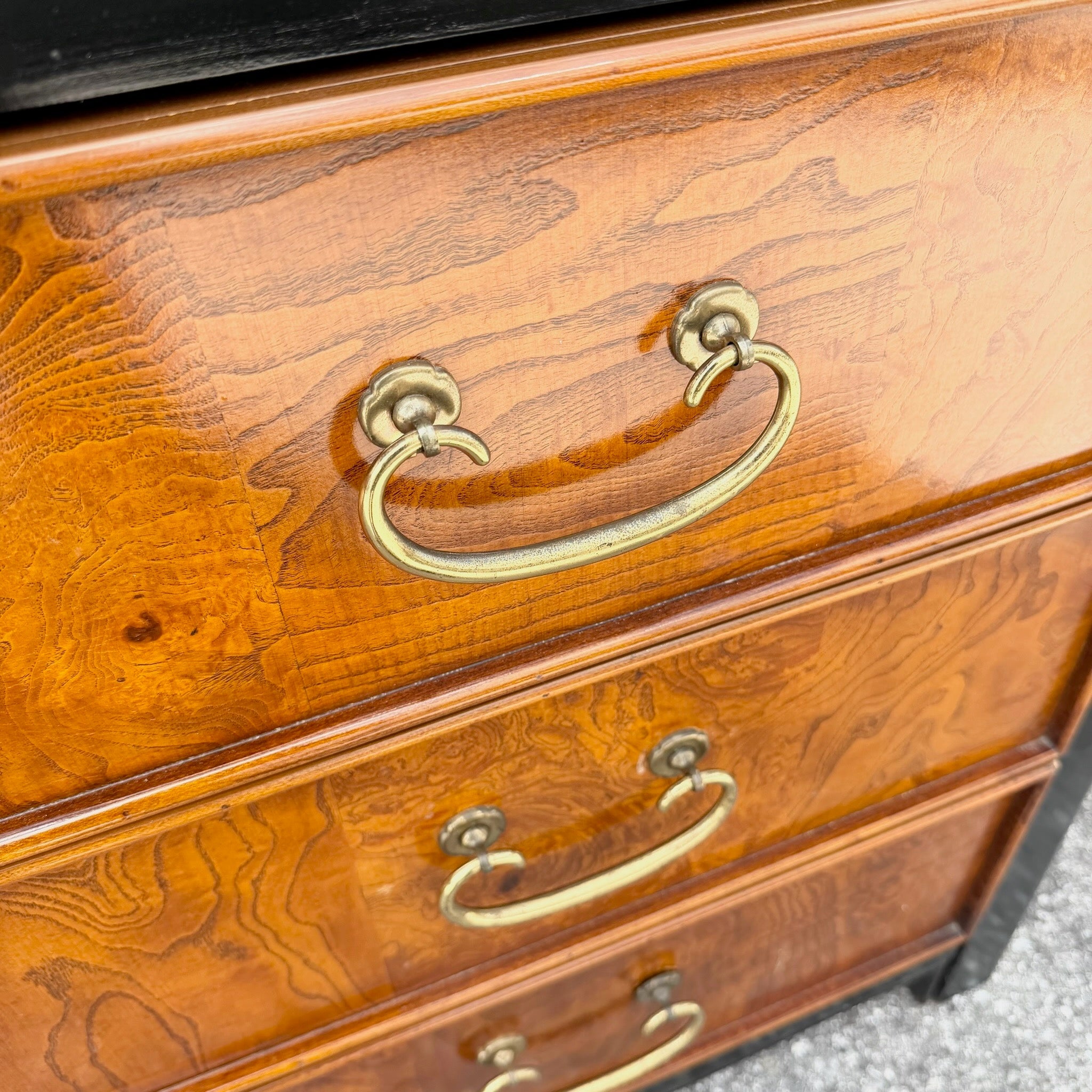 Vintage Chinoiserie Burlwood and Black Dresser by Wayside Dolphin & Flamingo