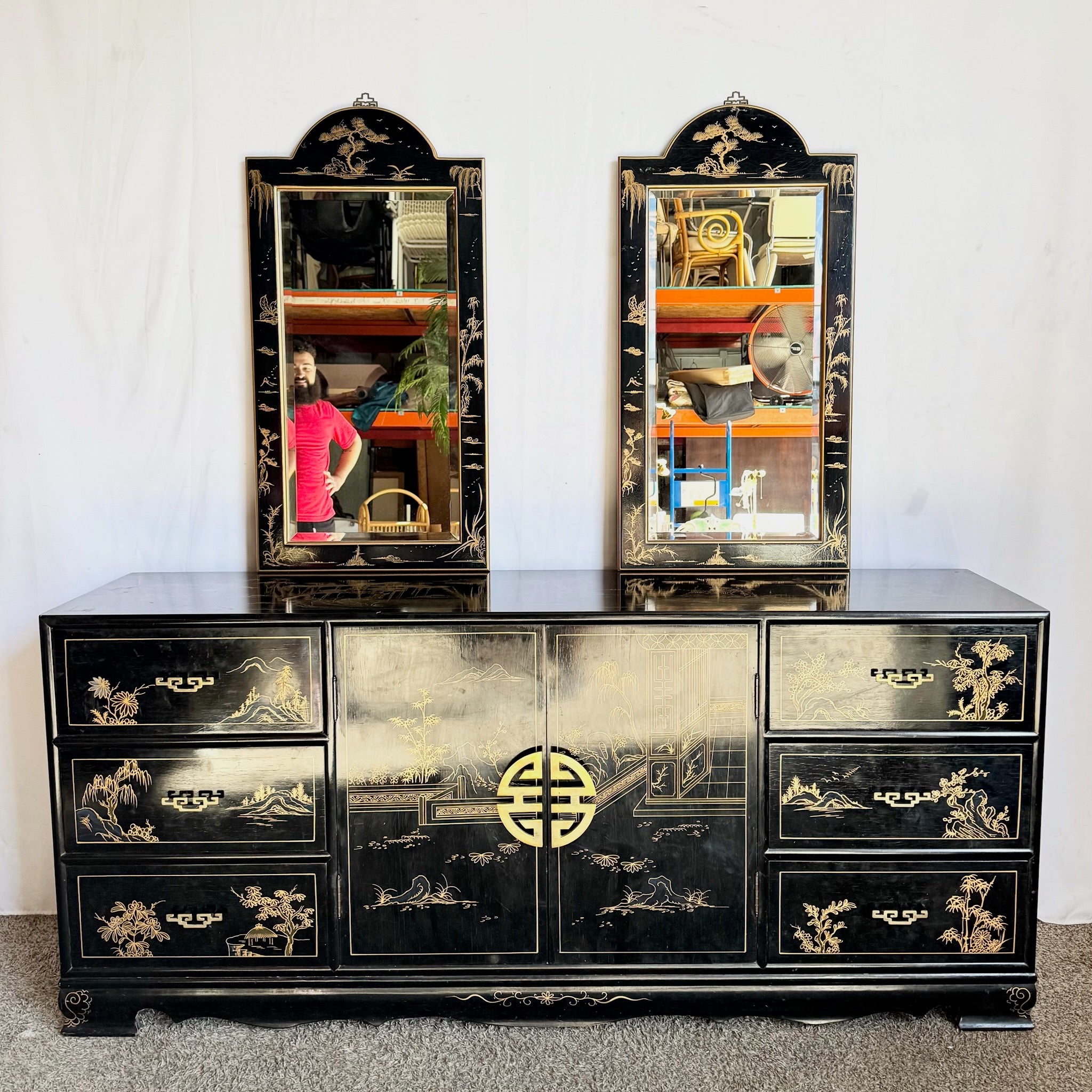 Vintage Chinese Black and Gold Hand Painted Dresser With Mirrors - 3 Pieces