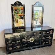 Vintage Chinese Black and Gold Hand Painted Dresser With Mirrors - 3 Pieces