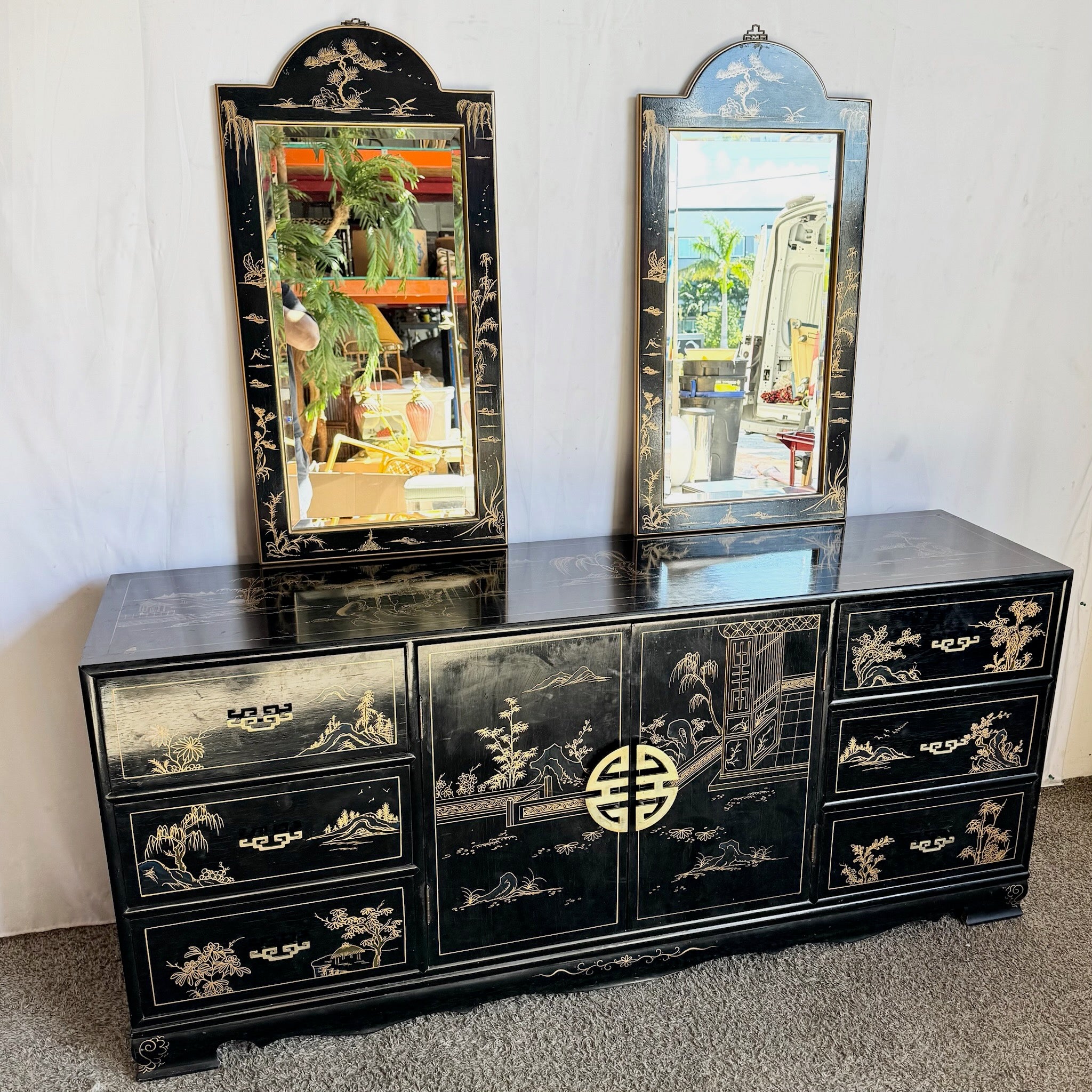 Vintage Chinese Black and Gold Hand Painted Dresser With Mirrors - 3 Pieces