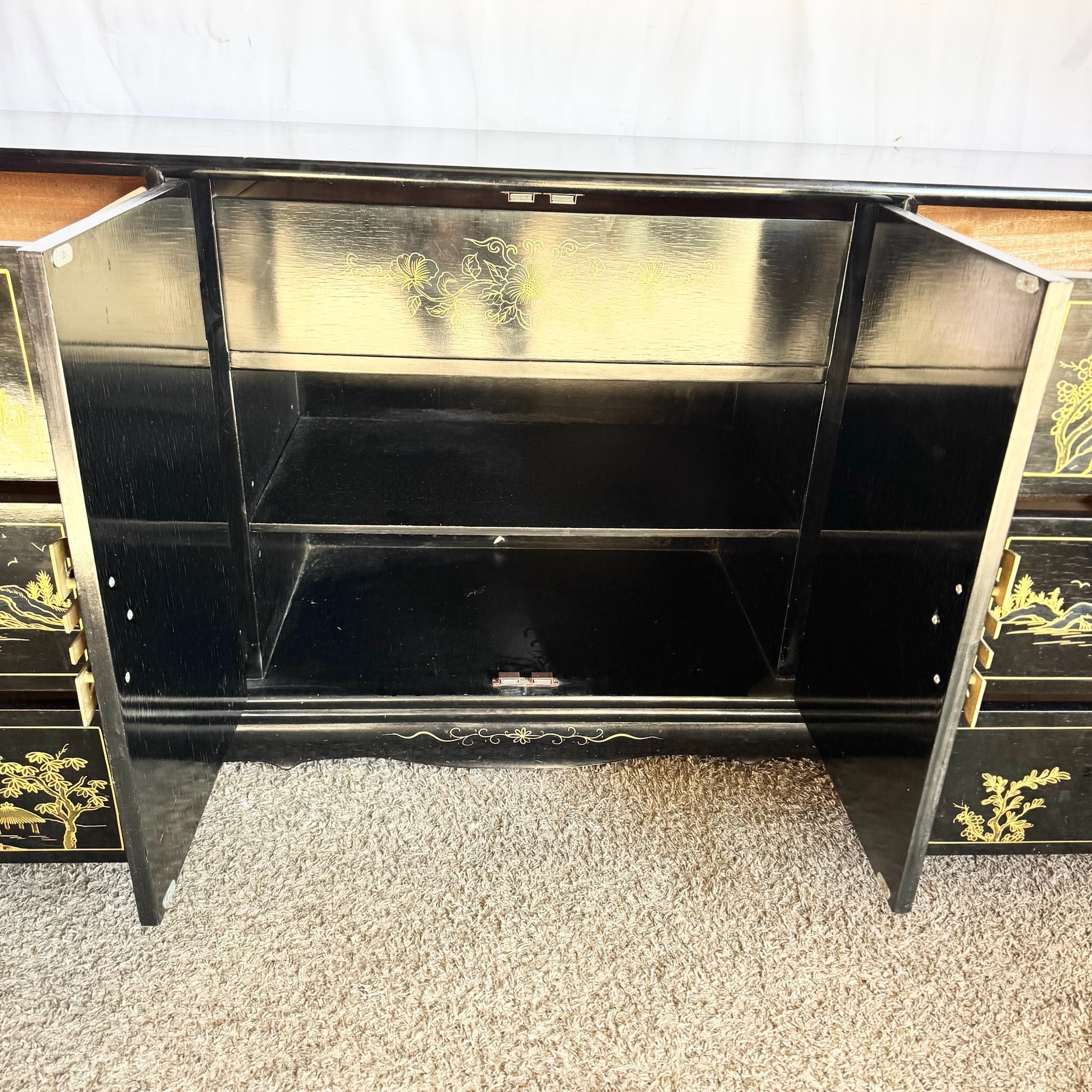 Vintage Chinese Black and Gold Hand Painted Dresser With Mirrors - 3 Pieces