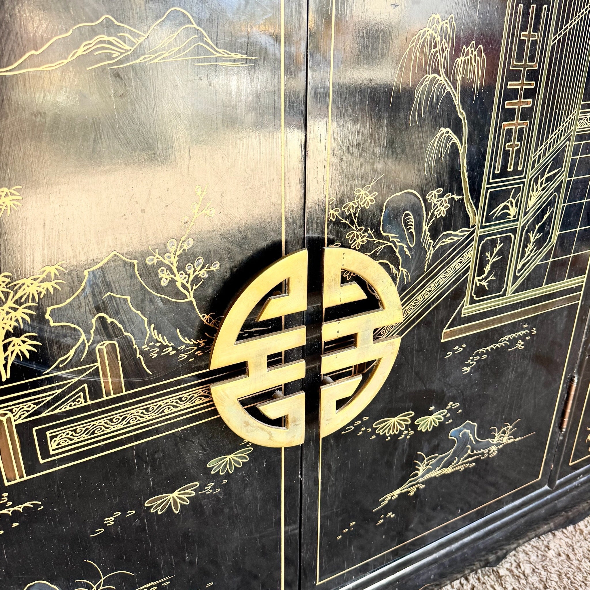 Vintage Chinese Black and Gold Hand Painted Dresser With Mirrors - 3 Pieces