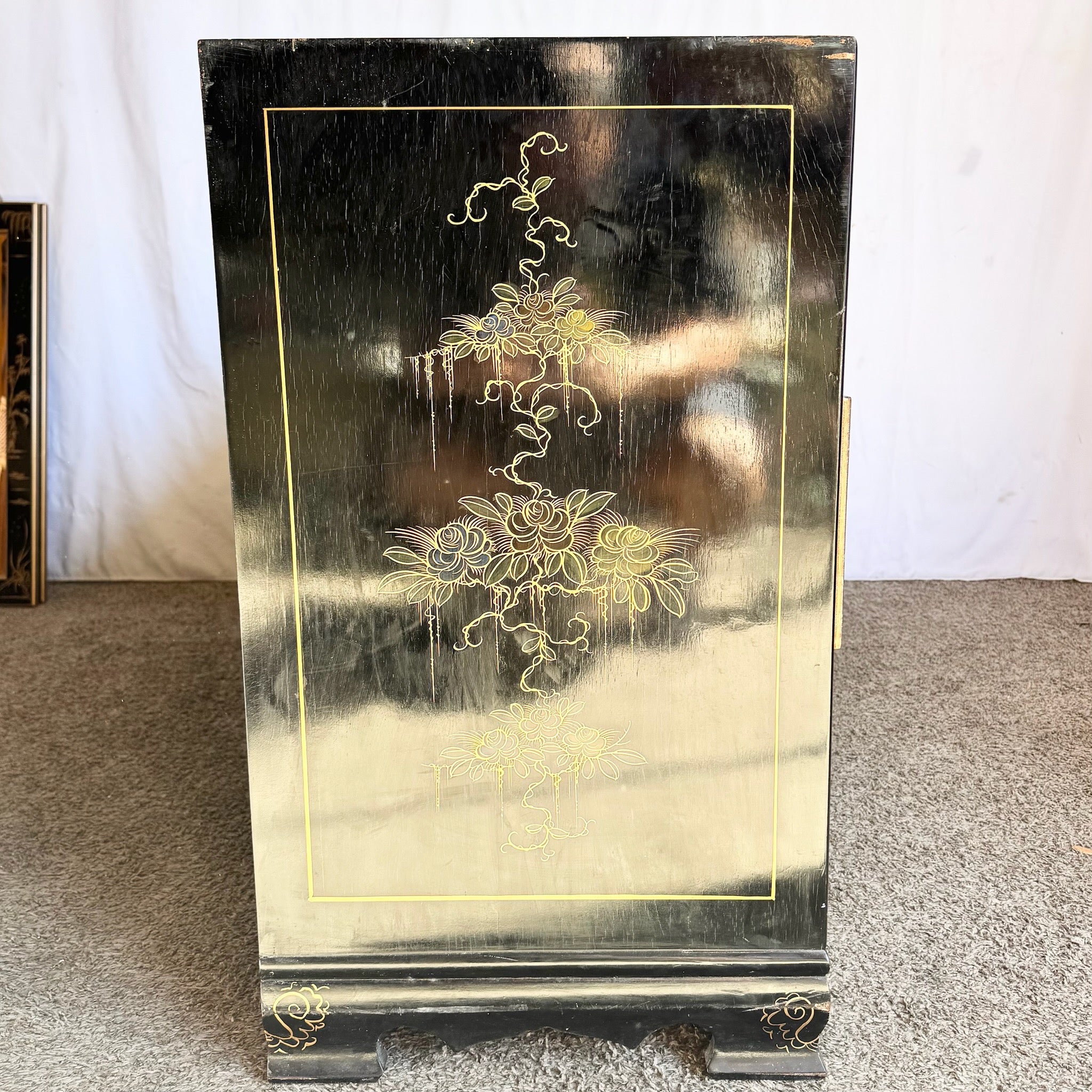 Vintage Chinese Black and Gold Hand Painted Dresser With Mirrors - 3 Pieces
