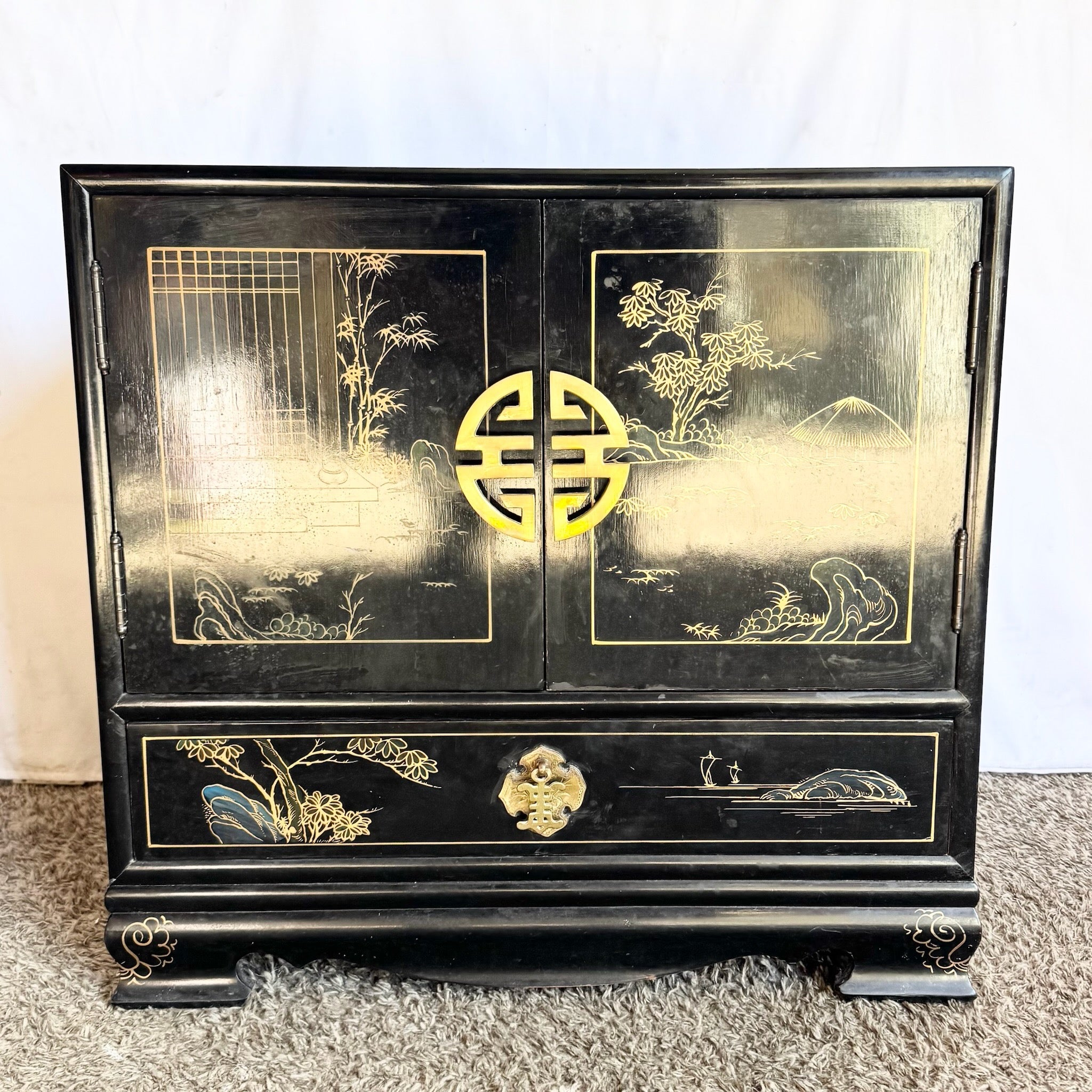 Vintage Chinese Black and Gold Hand Painted Nightstand