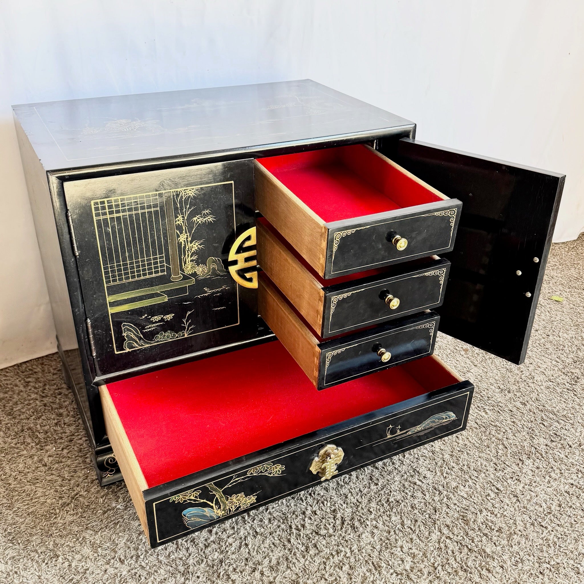 Vintage Chinese Black and Gold Hand Painted Nightstand