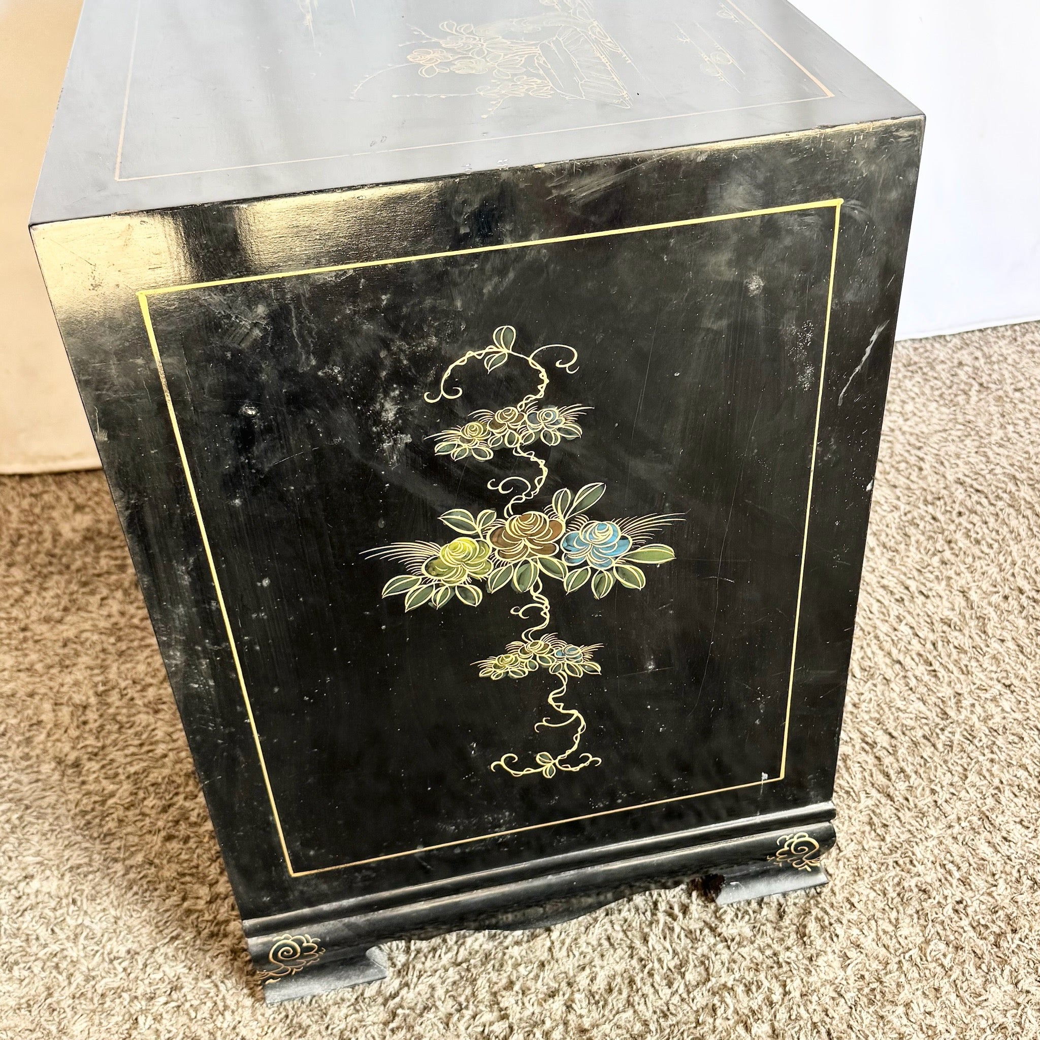 Vintage Chinese Black and Gold Hand Painted Nightstand