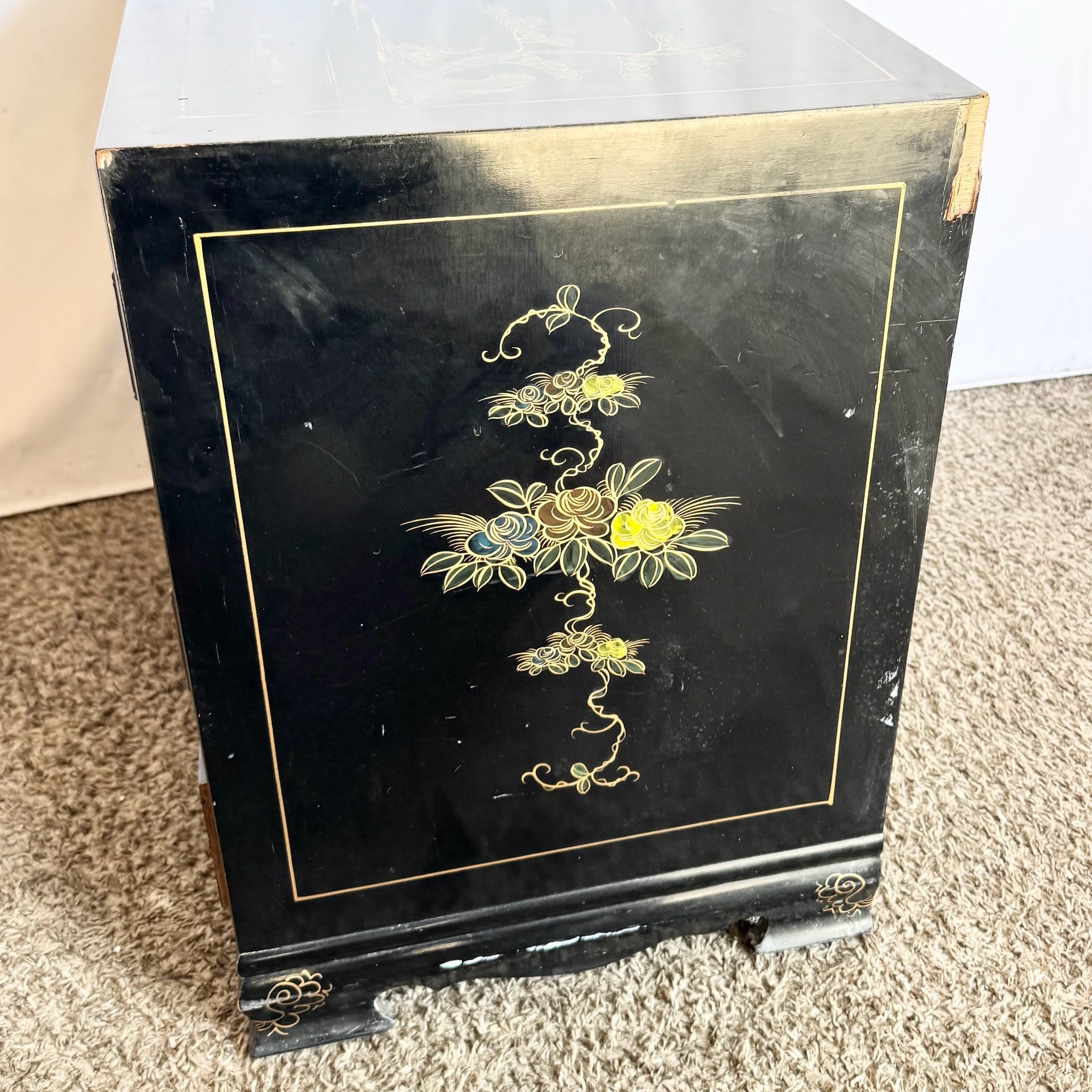 Vintage Chinese Black and Gold Hand Painted Nightstand