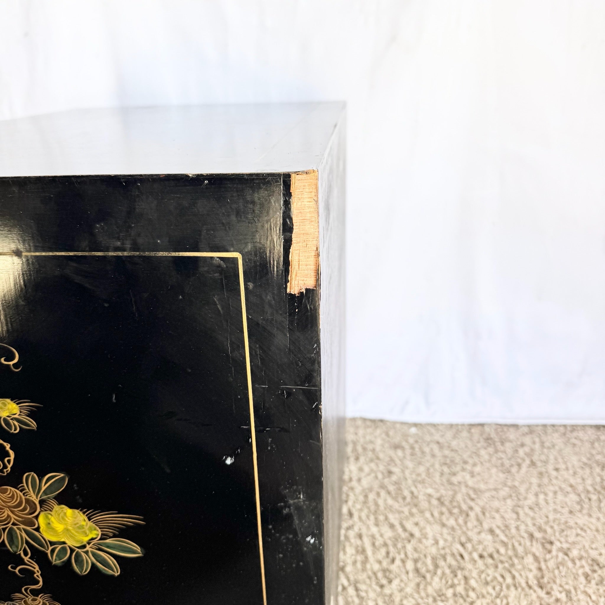 Vintage Chinese Black and Gold Hand Painted Nightstand