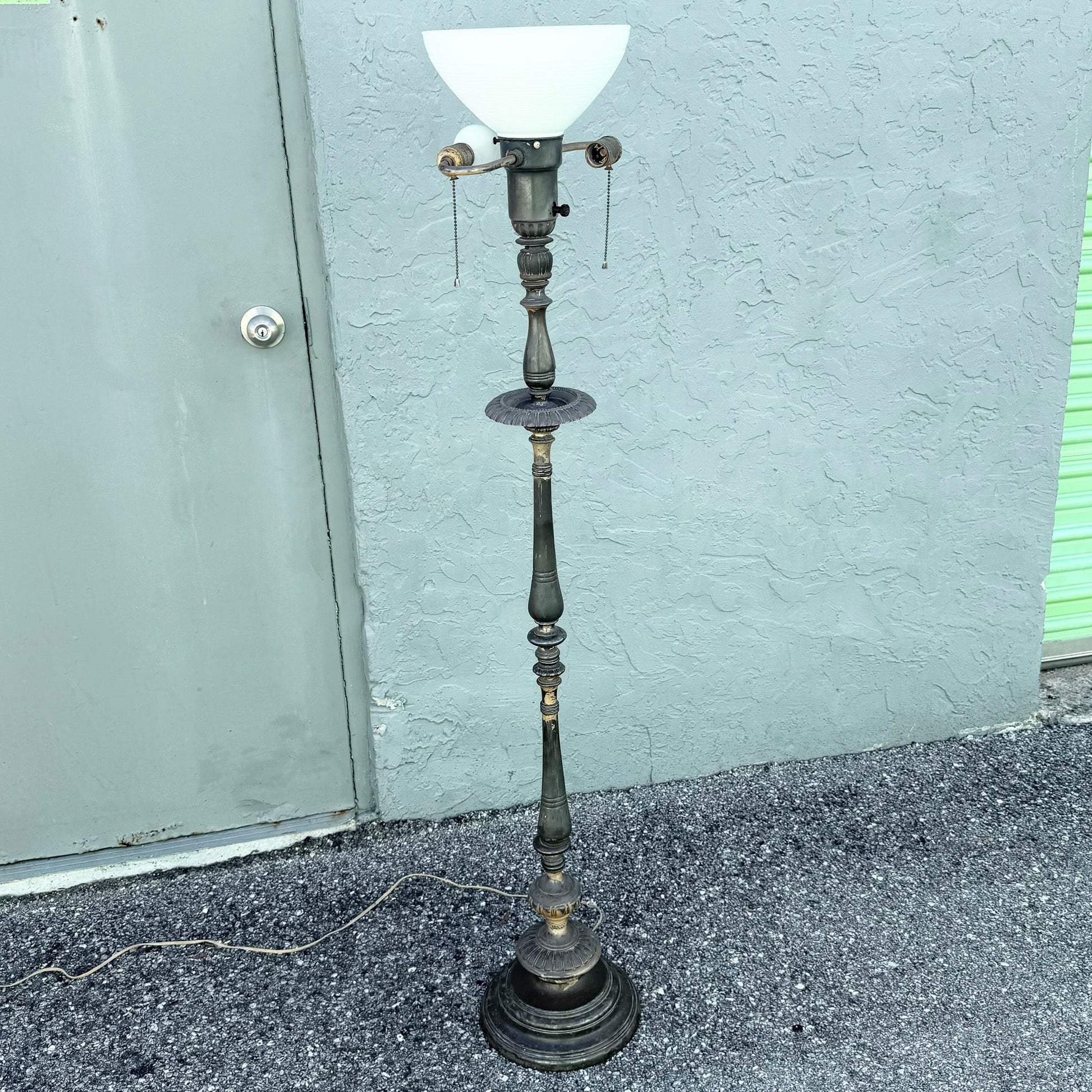 Antique Neoclassical Weighted Metal Torchiere Floor Lamp With Dual Pull Chains Dolphin & Flamingo