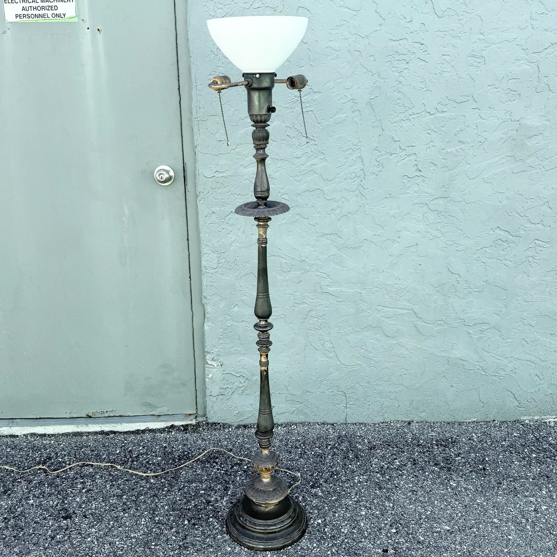 Antique Neoclassical Weighted Metal Torchiere Floor Lamp With Dual Pull Chains Dolphin & Flamingo